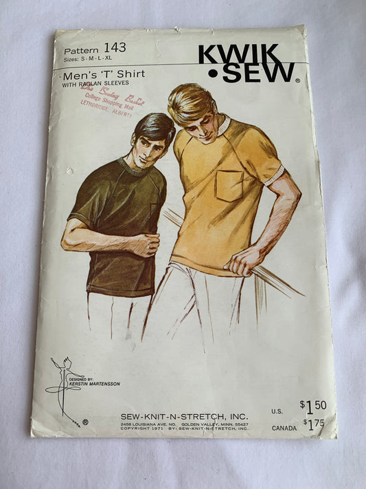 Kwik Sewing Pattern 143 Men's T Shirts, Short Raglan Sleeves, Pullover, Size 34-48, Uncut, Vintage 1989