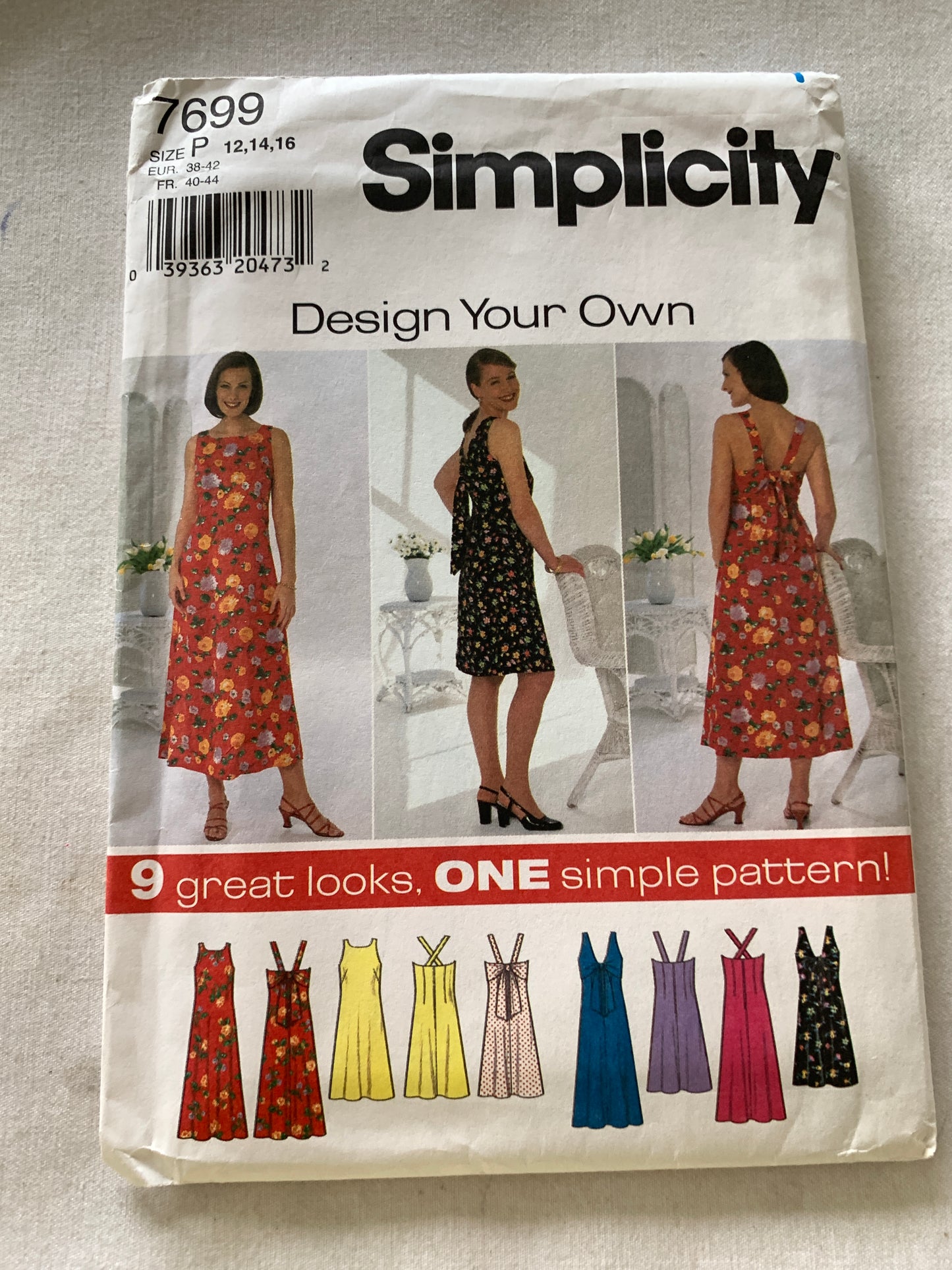 Simplicity Sewing Pattern 7699 Misses' Dress, Shoulder Straps, 9 Variations, Zipper Back, Size 12-16, Uncut, Vintage 1997