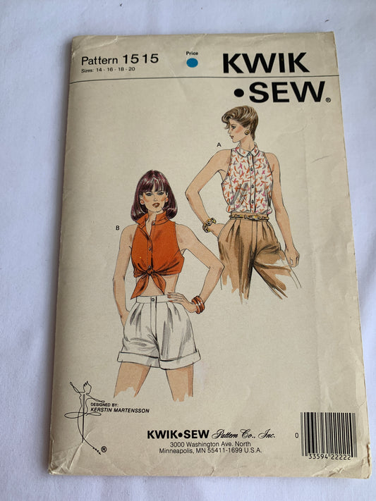KWIK Sewing Pattern 1515 Misses' Blouses, Princess Line, Collar, Sleeveless, Button Front, Size 14-20, Shirt, Top, Uncut, Vintage 1987