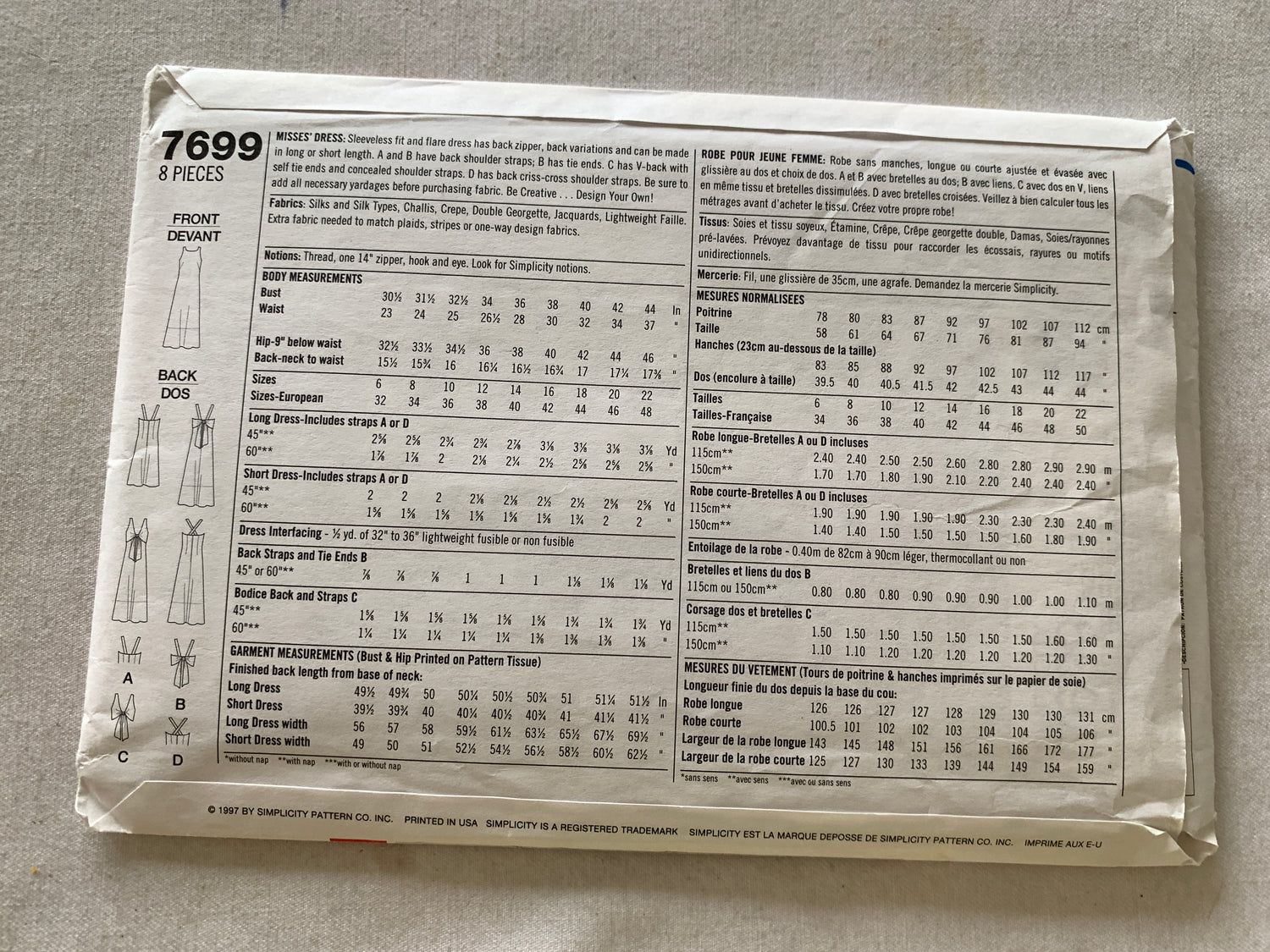 Simplicity Sewing Pattern 7699 Misses' Dress, Shoulder Straps, 9 Variations, Zipper Back, Size 12-16, Uncut, Vintage 1997