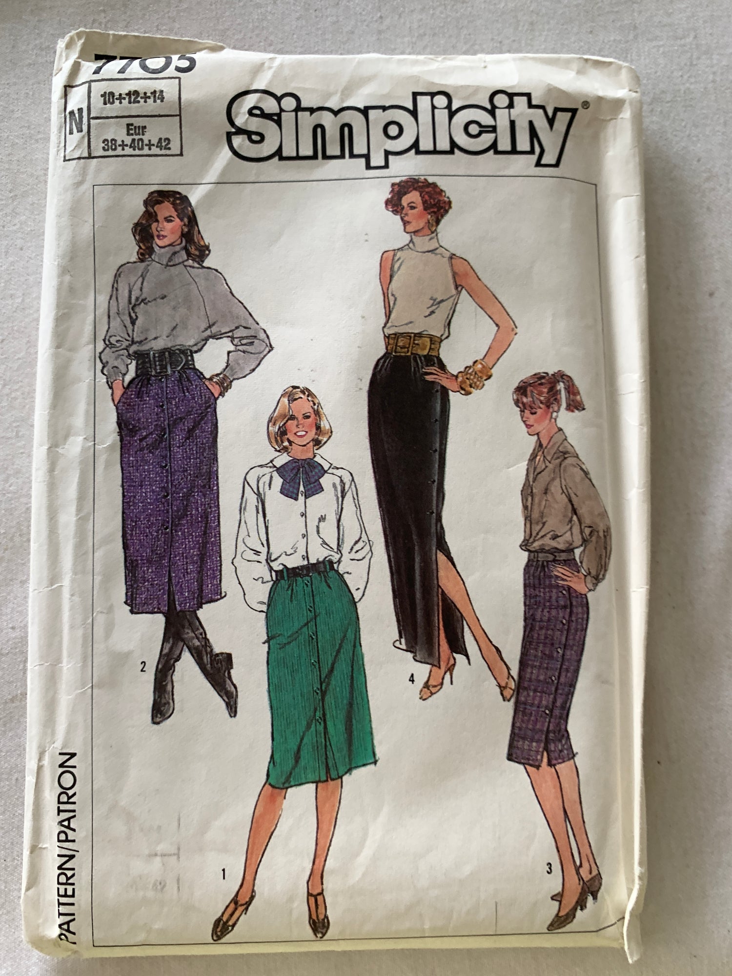Simplicity Sewing Pattern 7705 Misses' Skirts, 3 Lengths, Straight, Pockets, Button Waistband, Size 10-14, Uncut, Vintage 1986
