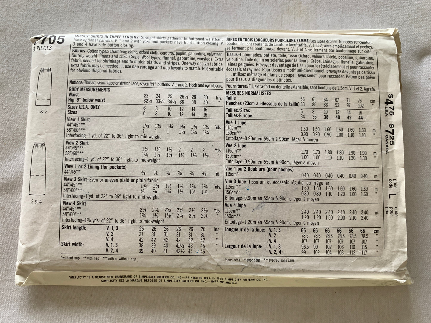 Simplicity Sewing Pattern 7705 Misses' Skirts, 3 Lengths, Straight, Pockets, Button Waistband, Size 10-14, Uncut, Vintage 1986