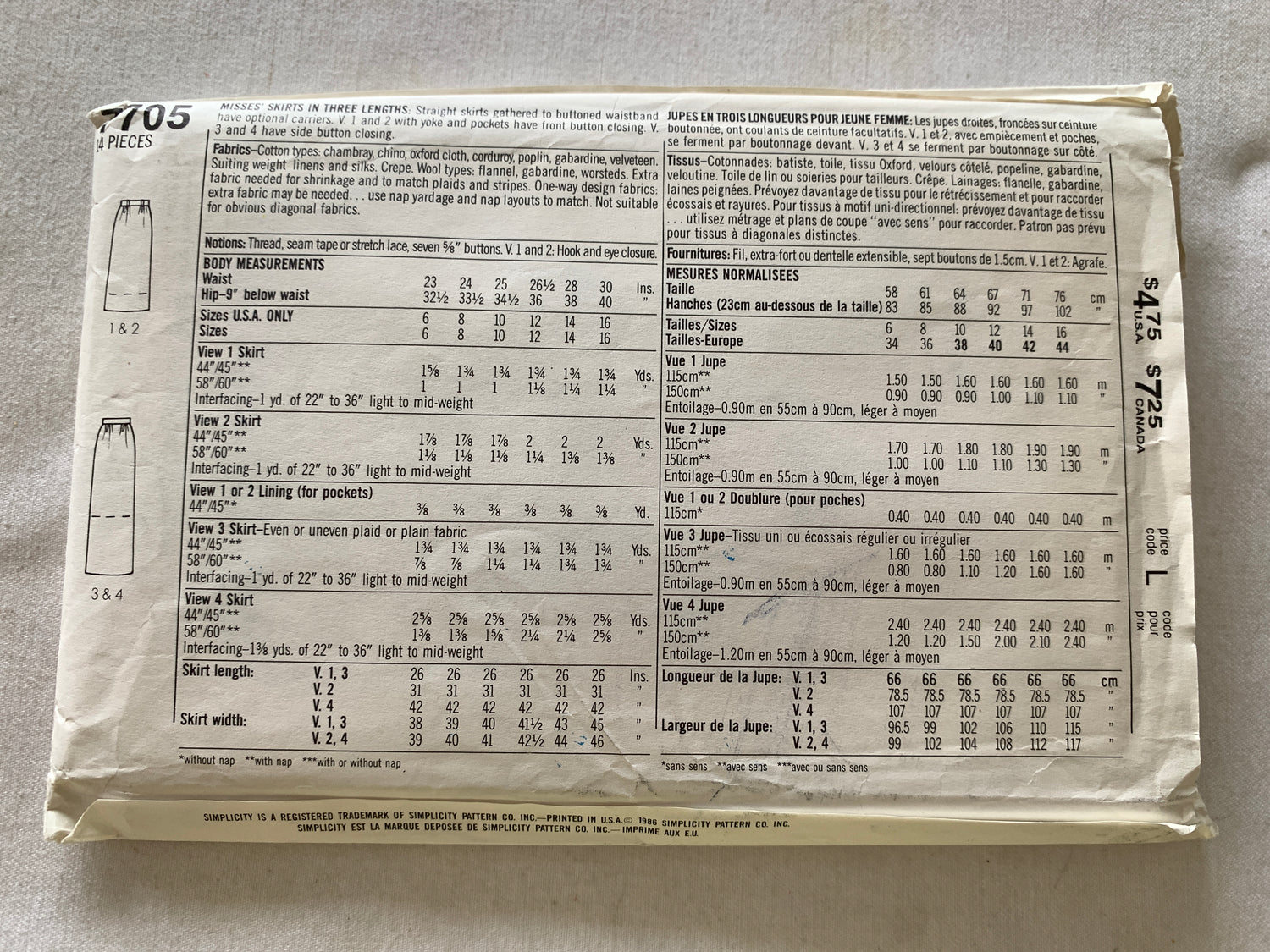 Simplicity Sewing Pattern 7705 Misses' Skirts, 3 Lengths, Straight, Pockets, Button Waistband, Size 10-14, Uncut, Vintage 1986