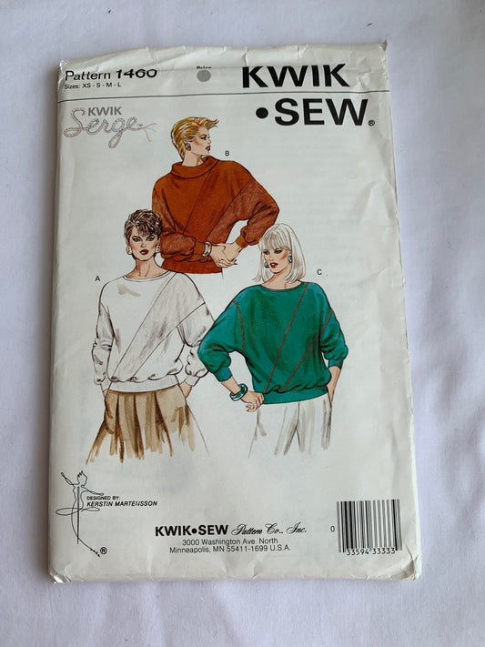 KWIK Sewing Pattern 1460 Misses' Tops, Pullover, Long Sleeves, Extended Shoulders, 3 Variations, Size 31-41, Uncut, Vintage 1985