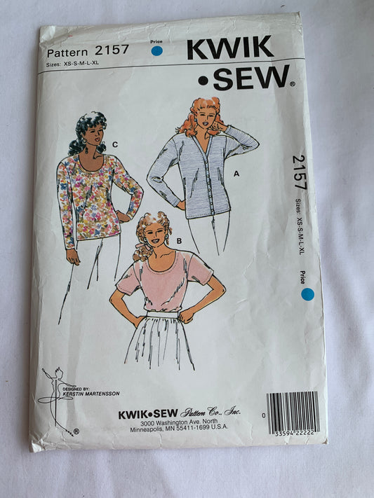 KWIK Sewing Pattern 2157 Misses' Tops, Extended Shoulders, Long/Short Sleeves, 3 Variations, Size XS-XL, Uncut, Vintage 1992