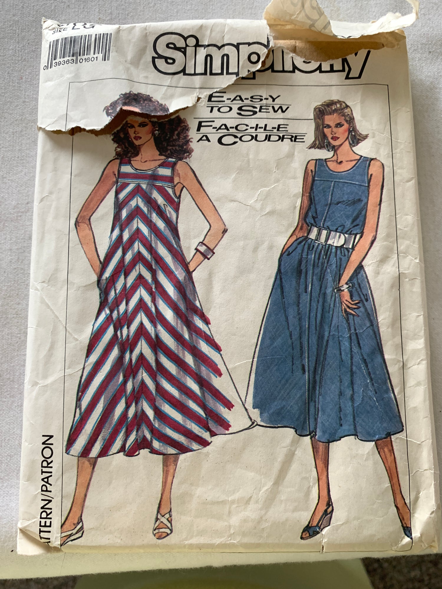 Simplicity Sewing Pattern 8068 Misses' Dress, Loose-Fitting, Flared, Pockets, Bias, Size 18-20, Uncut, Vintage 1987