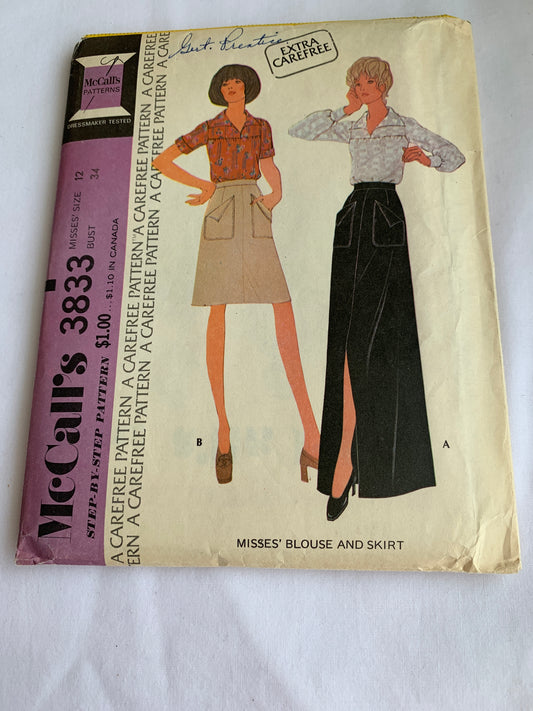 McCall's Sewing Pattern 3833 Misses' Blouse, Skirt, Pullover, Side Zipper, Long/Short Sleeves, Size 12, Uncut, Vintage 1973