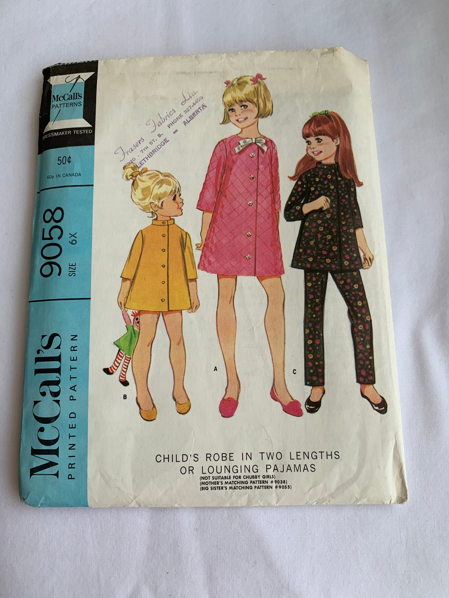 McCalls Sewing Pattern 9058 Girls' Robe, Pajamas, Two Lengths, Button Front, Top, Pants, Housecoat, Long Sleeves, Size 6X, Uncut, Vintage 1967