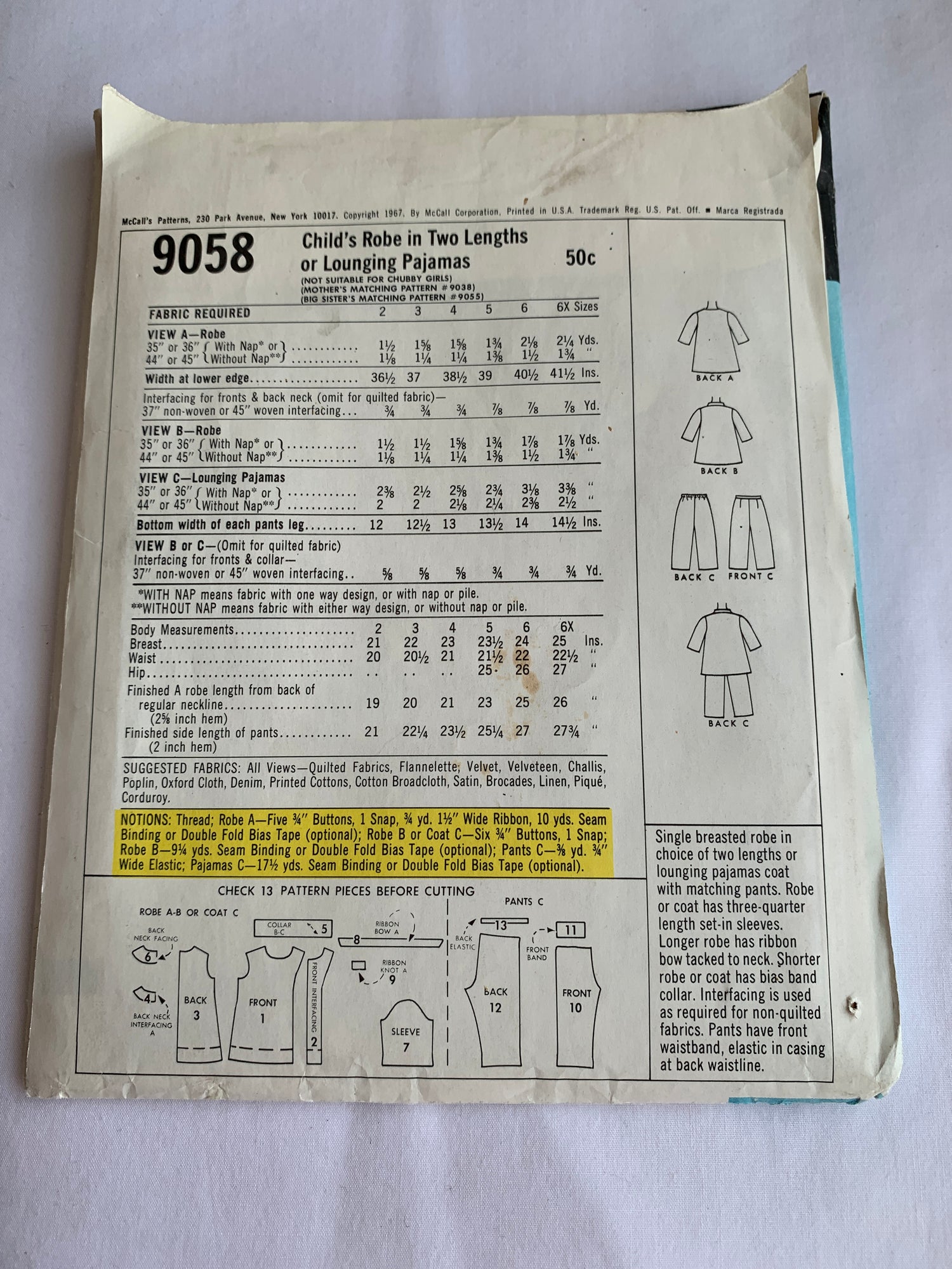 McCalls Sewing Pattern 9058 Girls' Robe, Pajamas, Two Lengths, Button Front, Top, Pants, Housecoat, Long Sleeves, Size 6X, Uncut, Vintage 1967