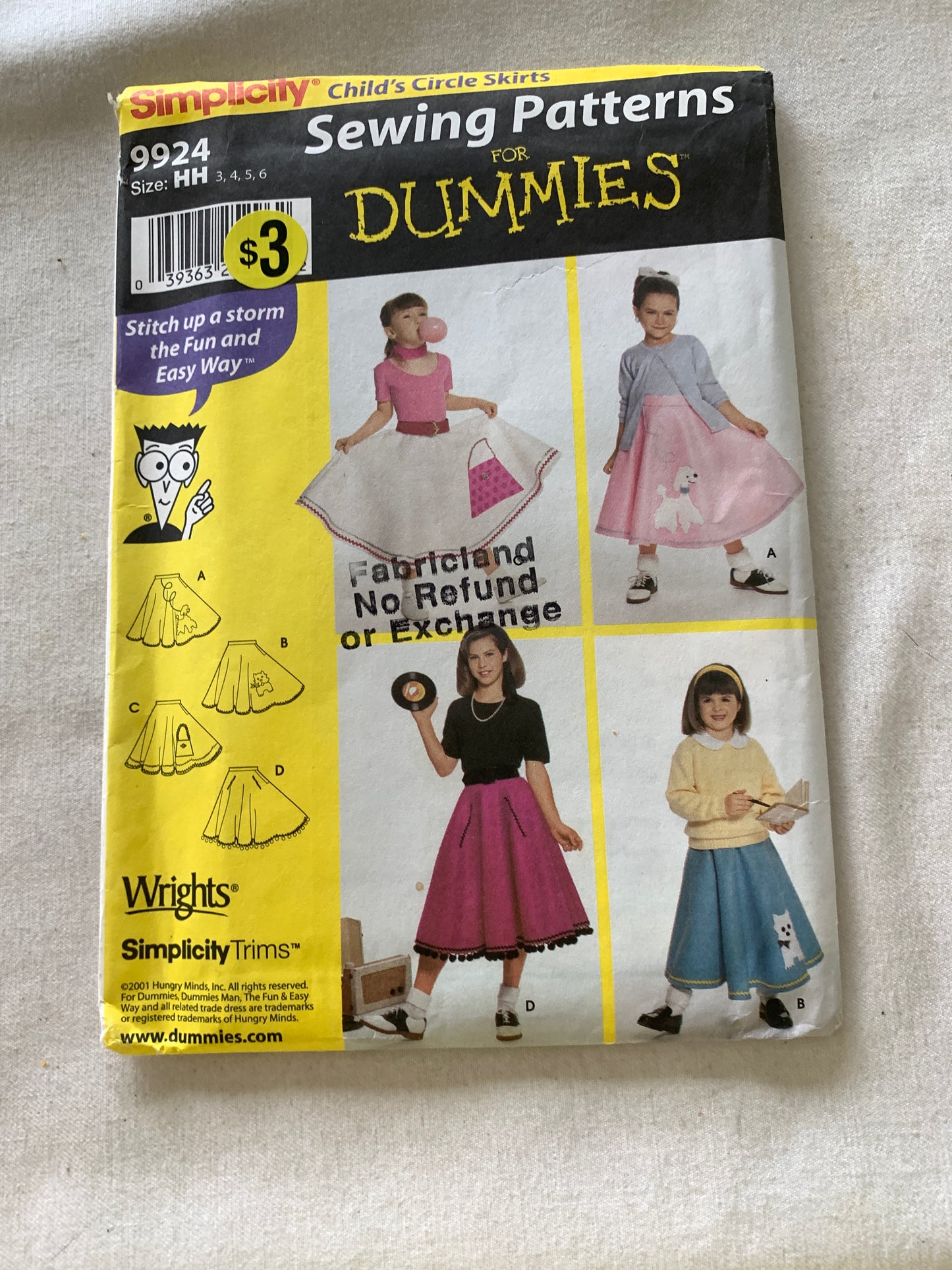 Simplicity Sewing Pattern 9924 Girls' Circle Felt Skirts, 4 Variations, Appliques, Full Flared, Zipper Back, Waistband, Size 3-6, Uncut, Vintage 2001