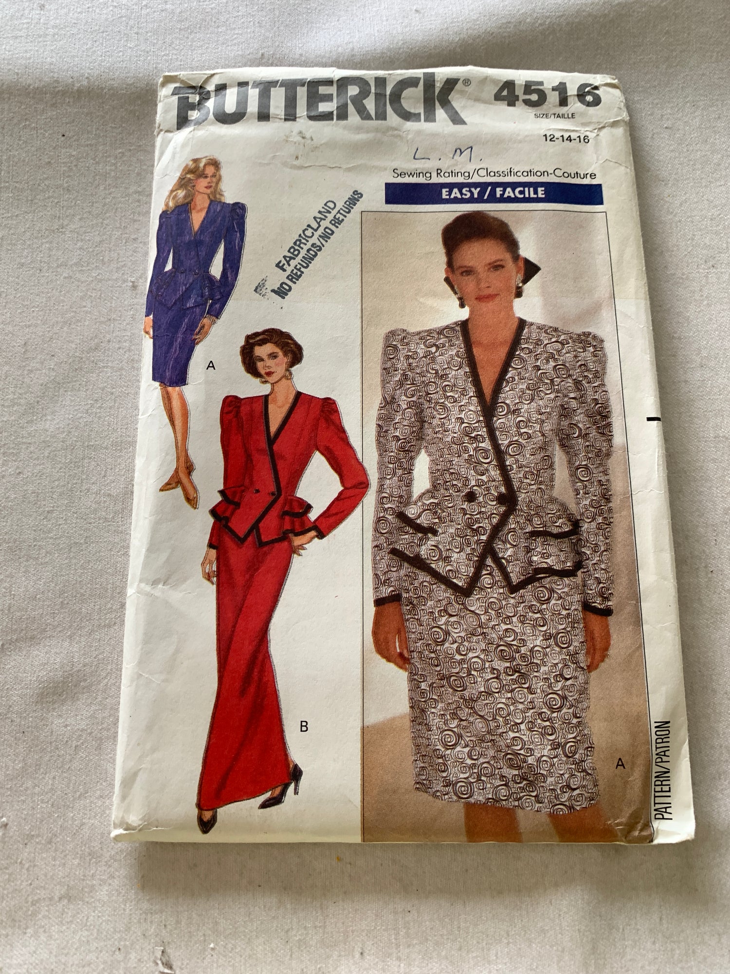 Butterick Sewing Pattern 4516 Misses' Top, Skirt, Princess Seams, Zipper Back, Size 12-16, Uncut, Vintage 1989