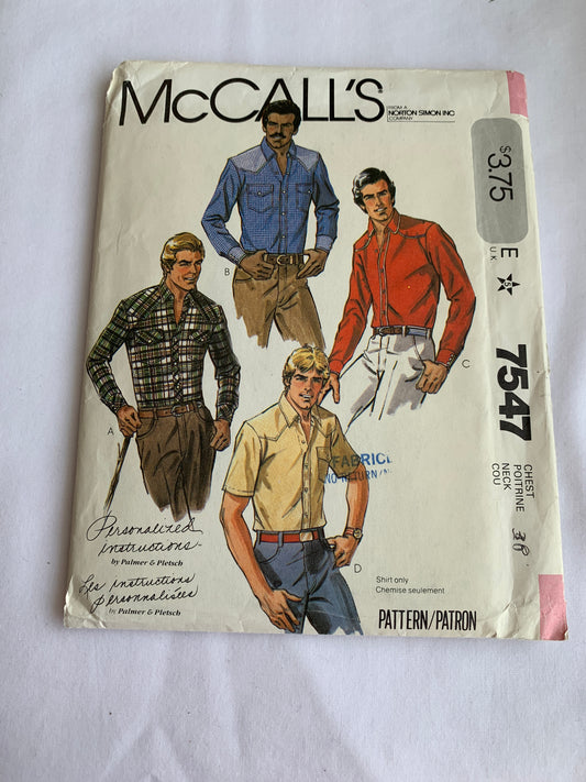 McCall's Sewing Pattern 7547 Men's Western Shirts, Size 38, Long/Short Sleeves, Button/Snap Front, Pocket, Uncut, Vintage 1981