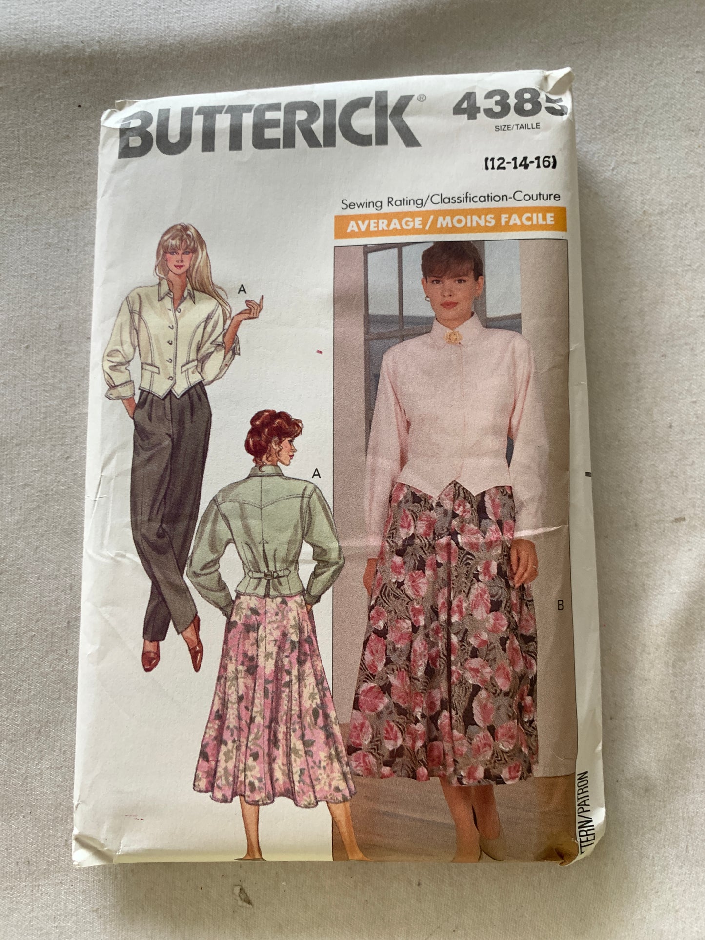 Butterick Sewing Pattern 4385 Misses' Top, Pants, Skirt, Loose-Fitting, Pocket, Dropped Shoulders, Flared, Size 12-16, Uncut, Vintage 1989