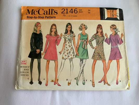 McCall's Sewing Pattern 2146 Misses'/Junior Dresses, 6 Variations, Fitted, Zipper Back, Sleeveless, Long/Short Sleeves, Size 14, Uncut, Vintage 1969