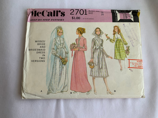 McCalls Sewing Pattern 2701 Misses' Bride, Bridesmaid Dress, Two Lengths, Long/Short Sleeves, High Waisted, Zipper Back, Size 16, Uncut, Vintage 1970