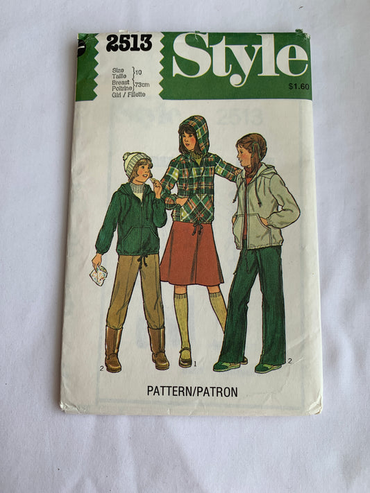 Style Sewing Pattern 2513 Girls' Unlined Anorak, Coat, Trousers, Skirt, Pants, Zipper Front,, Size 10, Uncut, Vintage 1981