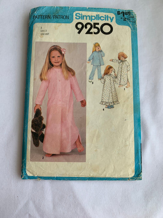 Simplicity Sewing Pattern 9250 Girls' Sleepwear, Housecoat, Pajamas, Robe, Top, Pants, Long Sleeves, Pockets, Button Front, Ruffle, Size 3, Uncut, Vintage 1979