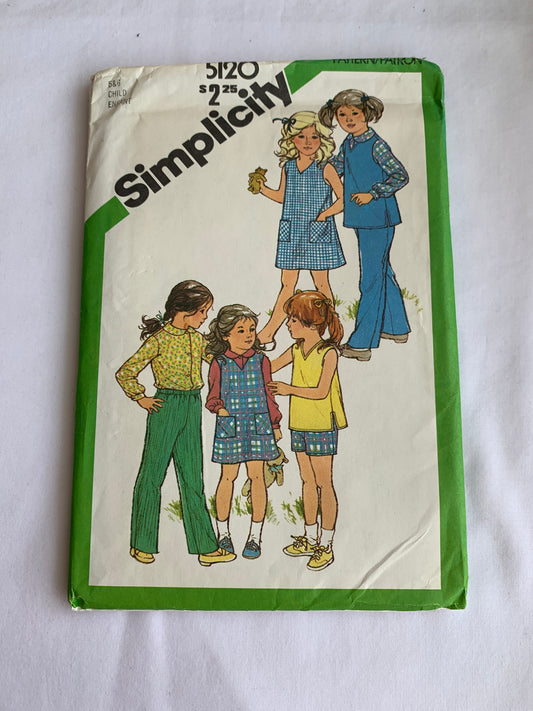 Simplicity Sewing Pattern 5120 Girls' Dress, Jumper, Top, Pants, Shorts, Zipper Back, Pockets, Size 5-6, Uncut, Vintage 1981