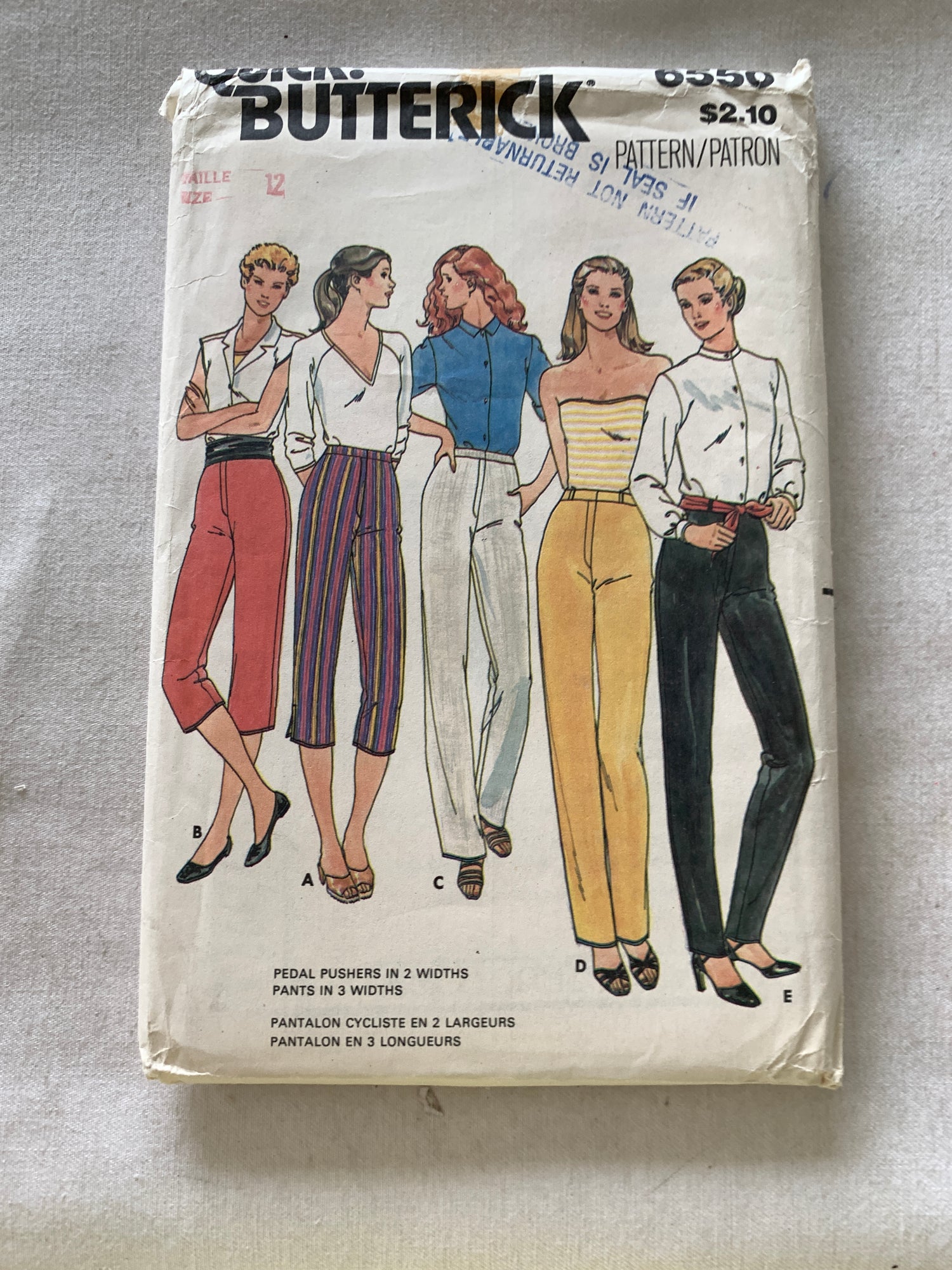 Butterick Sewing Pattern 6550 Misses' Pants, Fitted, Tapered, Two Lengths, Mock Fly Zipper, Size 12, Uncut, Vintage 1998