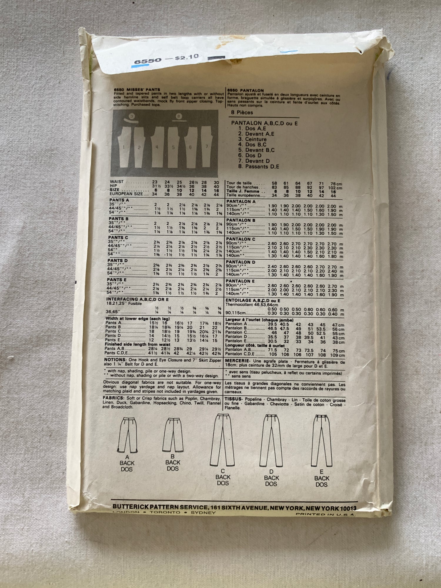 Butterick Sewing Pattern 6550 Misses' Pants, Fitted, Tapered, Two Lengths, Mock Fly Zipper, Size 12, Uncut, Vintage 1998