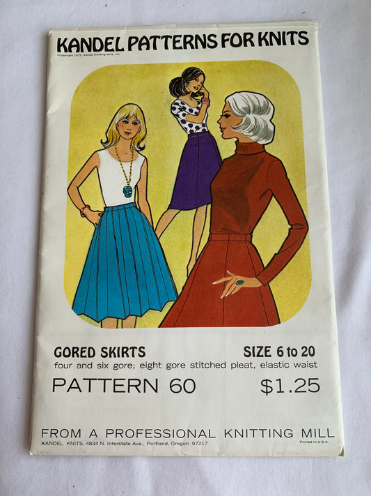 Kandel Sewing Pattern For Knits Misses' Gored Skirt, Pleats, Elastic Waist, Size 6-20, Uncut, Vintage 1970