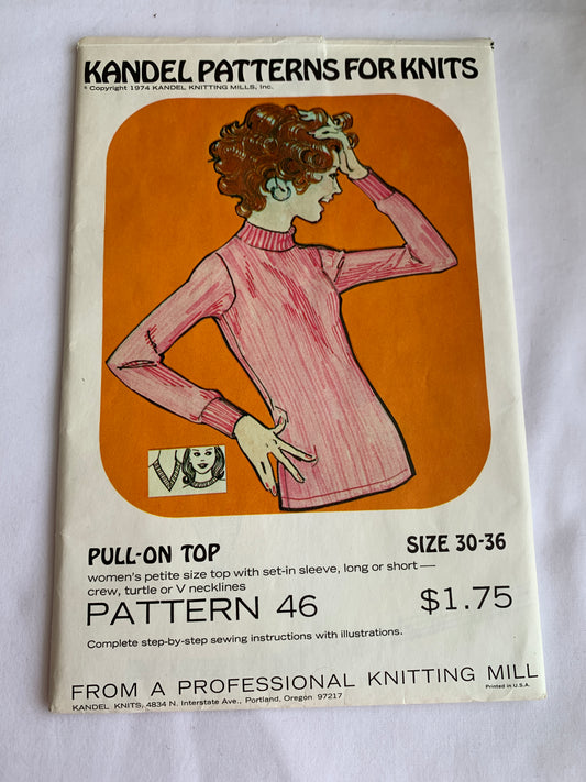 Kandel Sewing Pattern For Knits Misses' Pull-On Top, Petite, Long/Short Sleeves, Size 30-36, Uncut, Vintage 1974