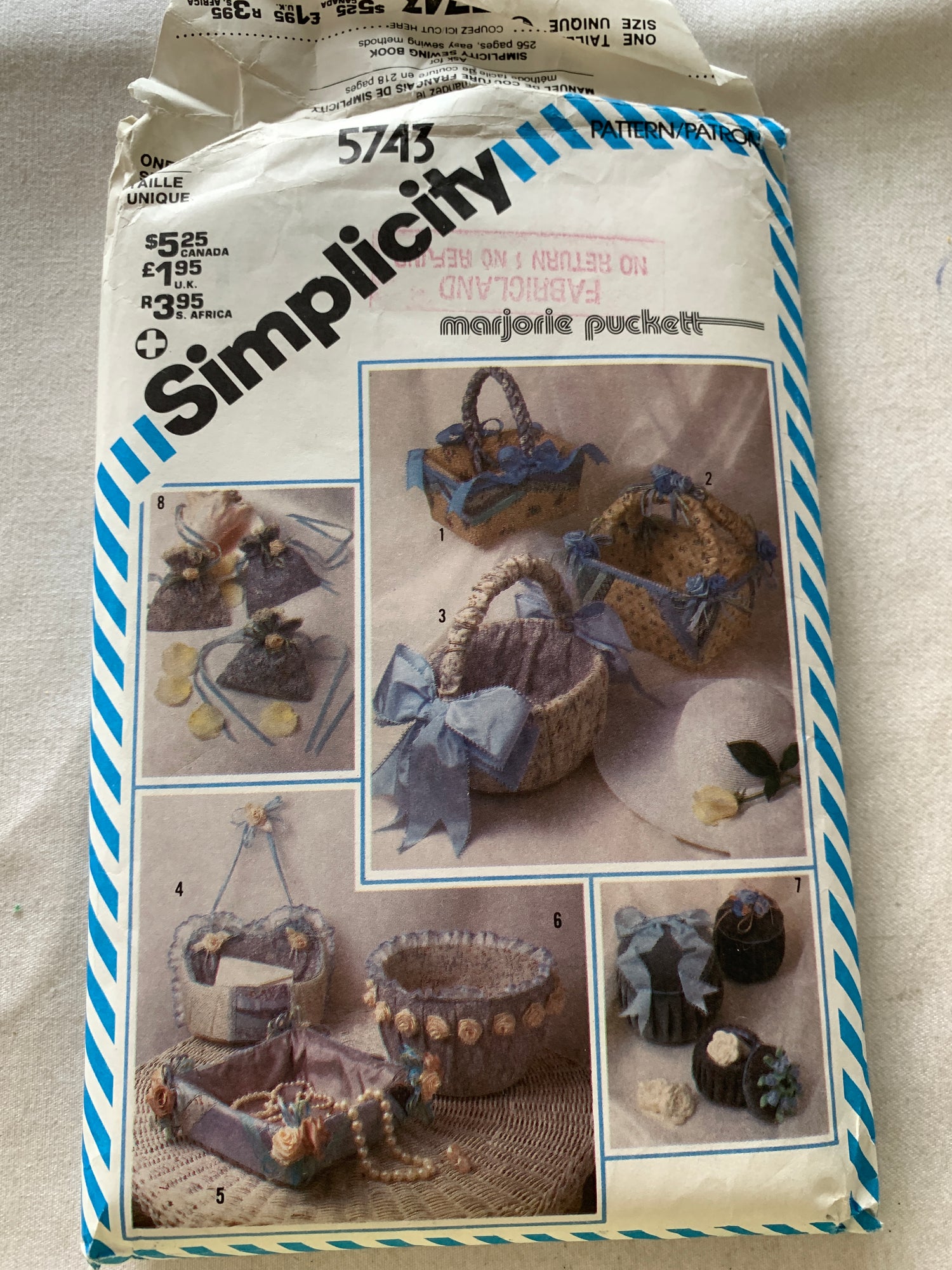 Simplicity Sewing Pattern 5743 Crafts, Baskets, Various Sizes, Hanging, Sachet Bag, Uncut, Vintage 1992