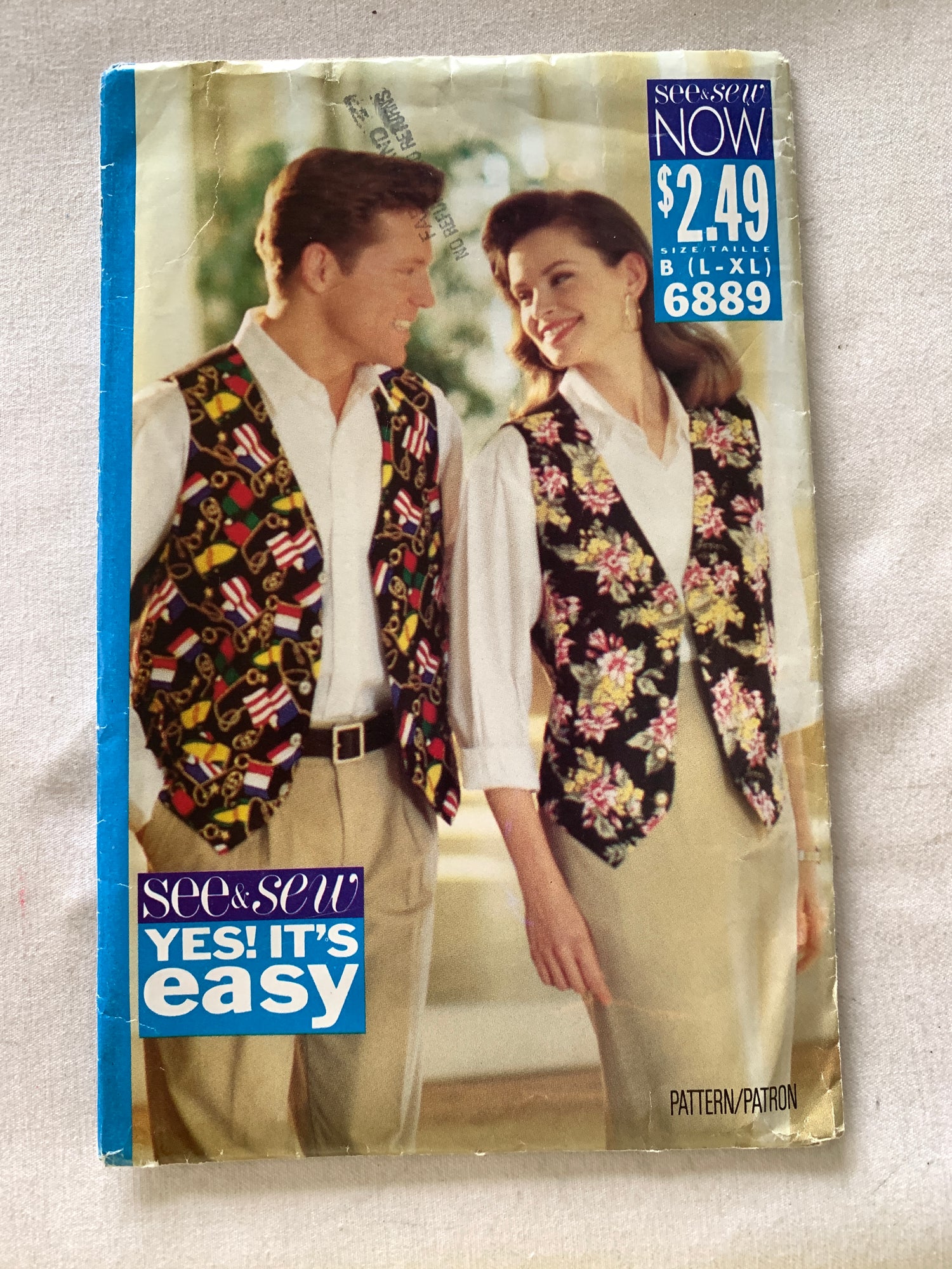 Butterick Sewing Pattern See & Sew 6889 Men's Misses' Vest, Button Front, Loose-Fitting, Size 42-48, Uncut, Vintage 1993