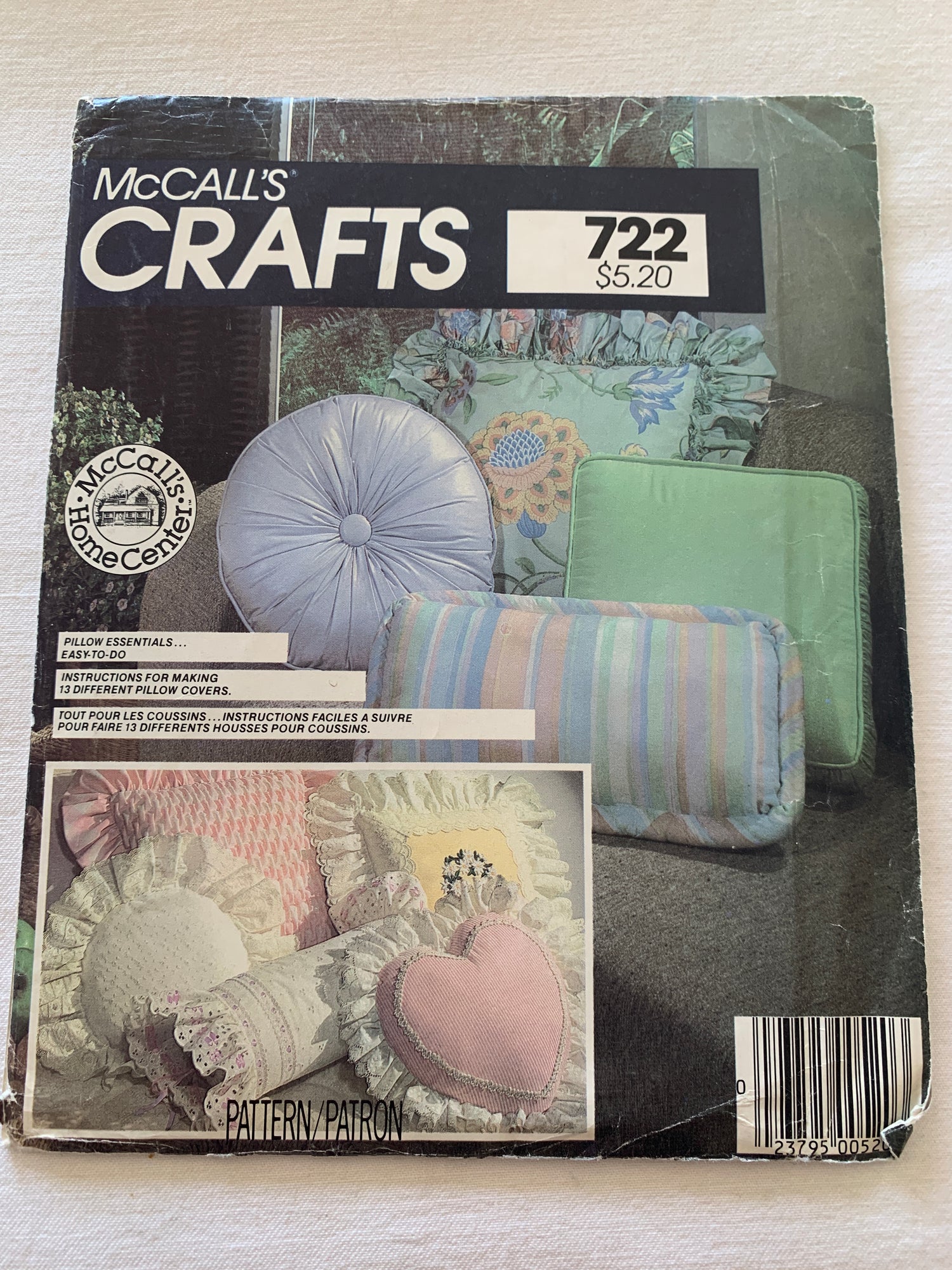 McCall's Sewing Pattern 722 Craft Pillows, Neck Roll, Round, Square, Rectangle, Ruffles, Heart, Uncut, Vintage 1989