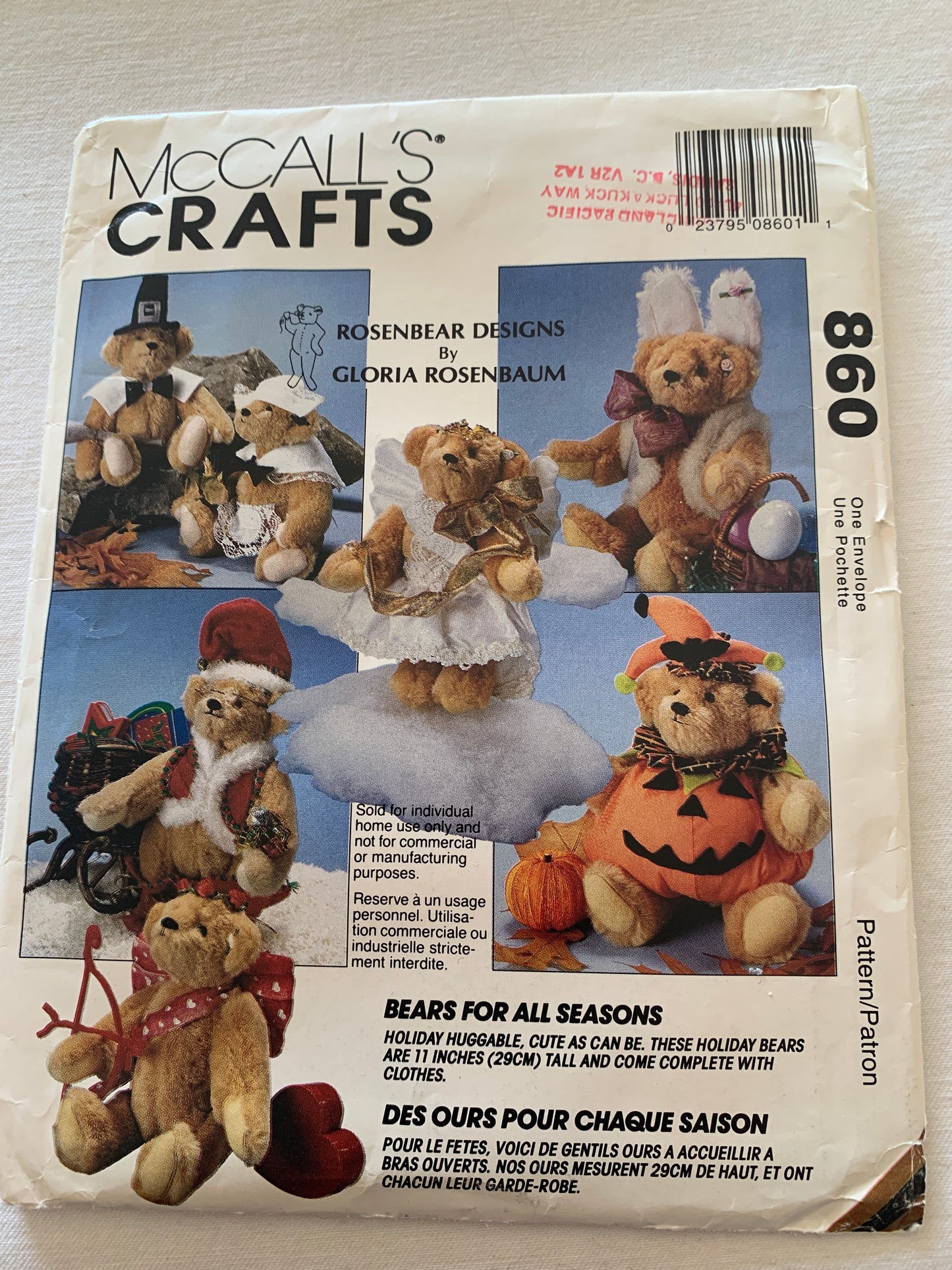 McCall's Sewing Pattern 860 11 Inch Stuffed Bear Clothes, Vest, Pumpkin, Hat, Wings, Skirt, Boots, Uncut, Vintage 1993