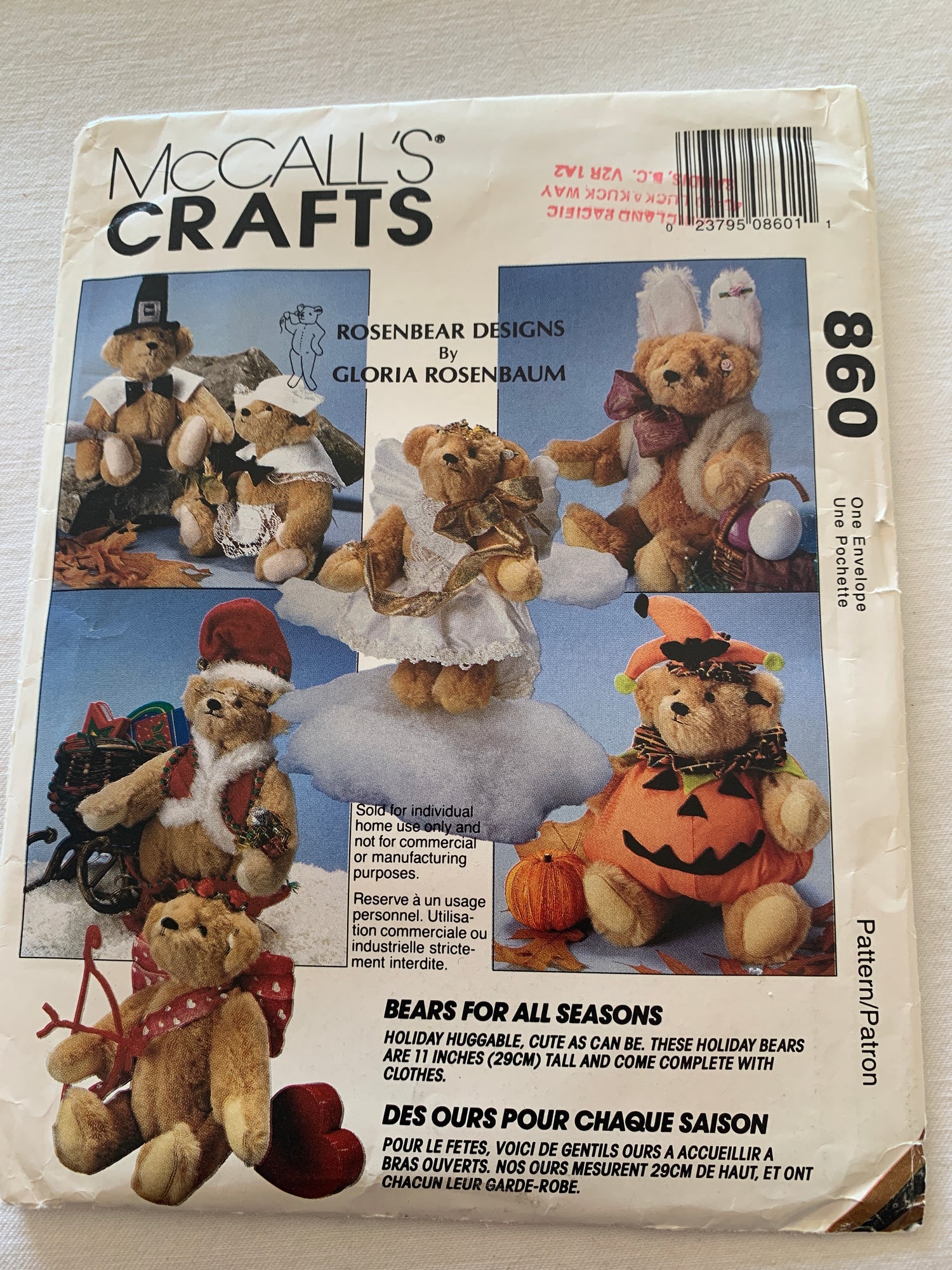 McCall's Sewing Pattern 860 11 Inch Stuffed Bear Clothes, Vest, Pumpkin, Hat, Wings, Skirt, Boots, Uncut, Vintage 1993