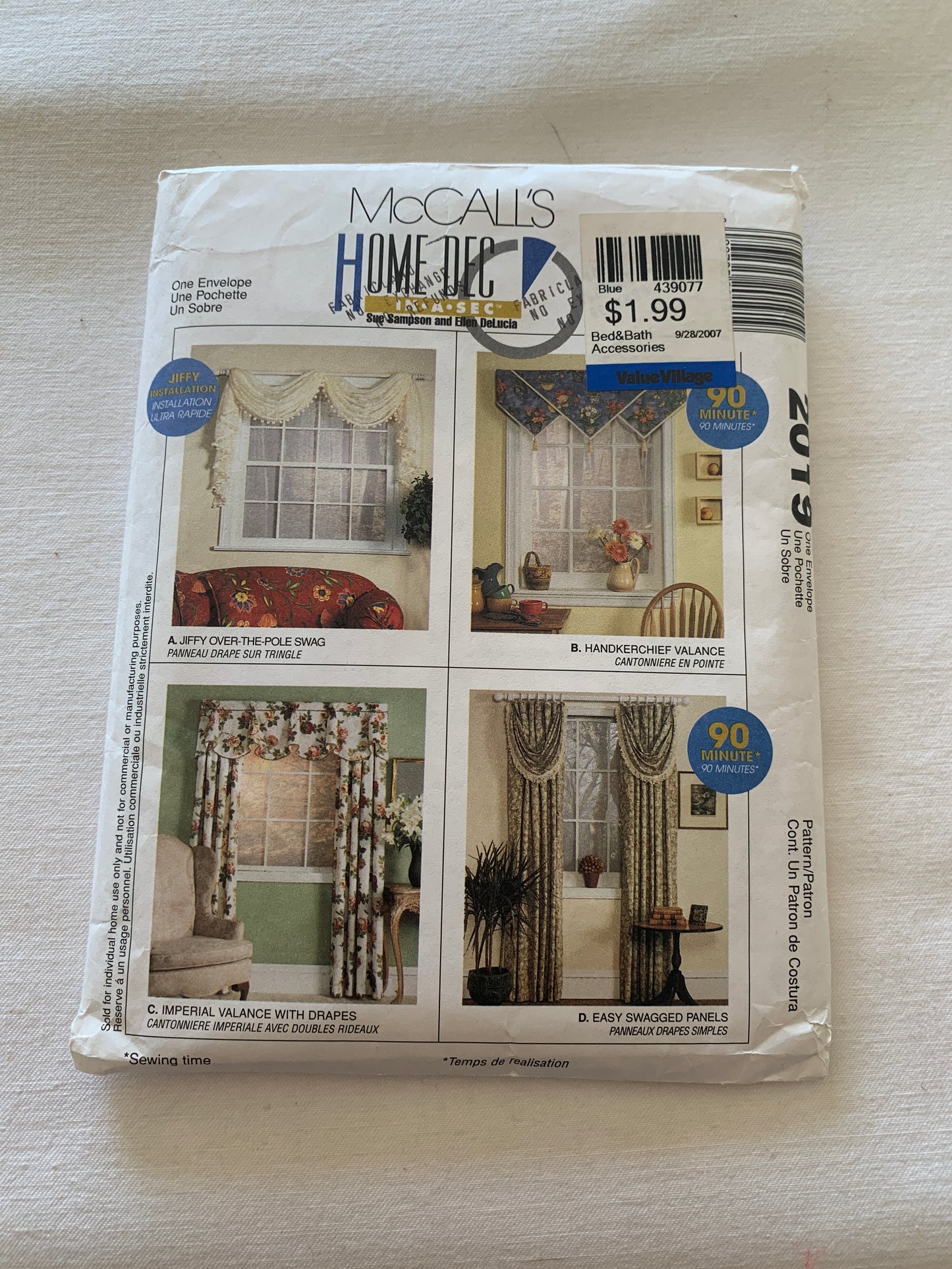 McCall's Home Decorating Sewing Pattern 2019 Window Coverings, Curtains, Swag, Drapes, Handkerchief Valance,4 Variations, Uncut, 2002 (Copy)