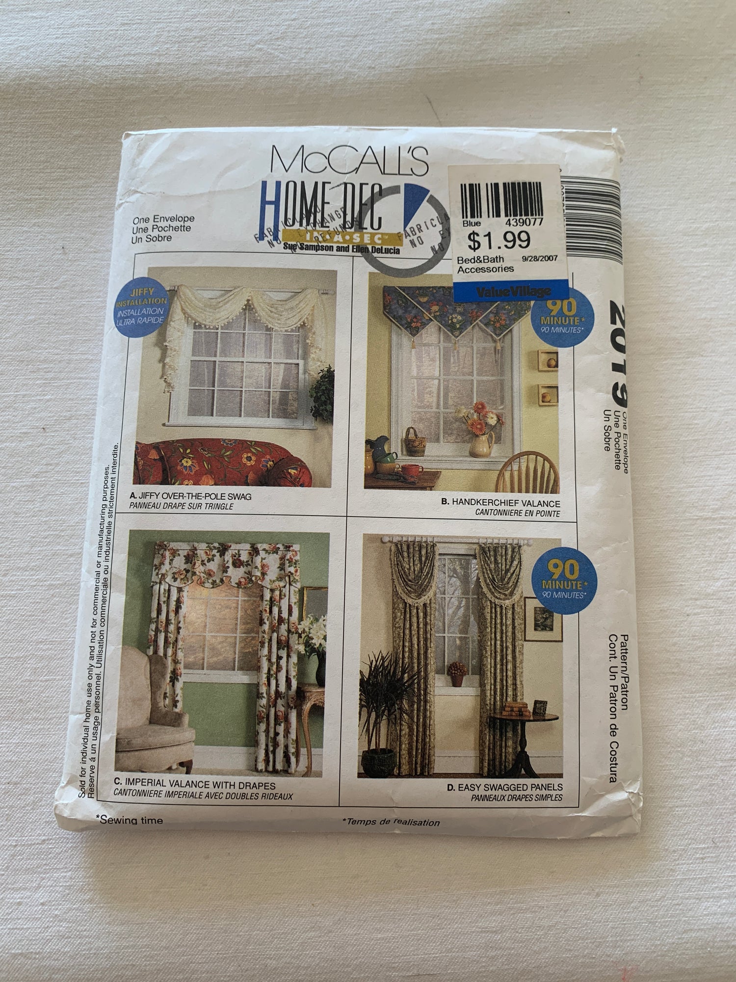McCall's Home Decorating Sewing Pattern 2019 Window Coverings, Curtains, Swag, Drapes, Handkerchief Valance,4 Variations, Uncut, 2002 (Copy)