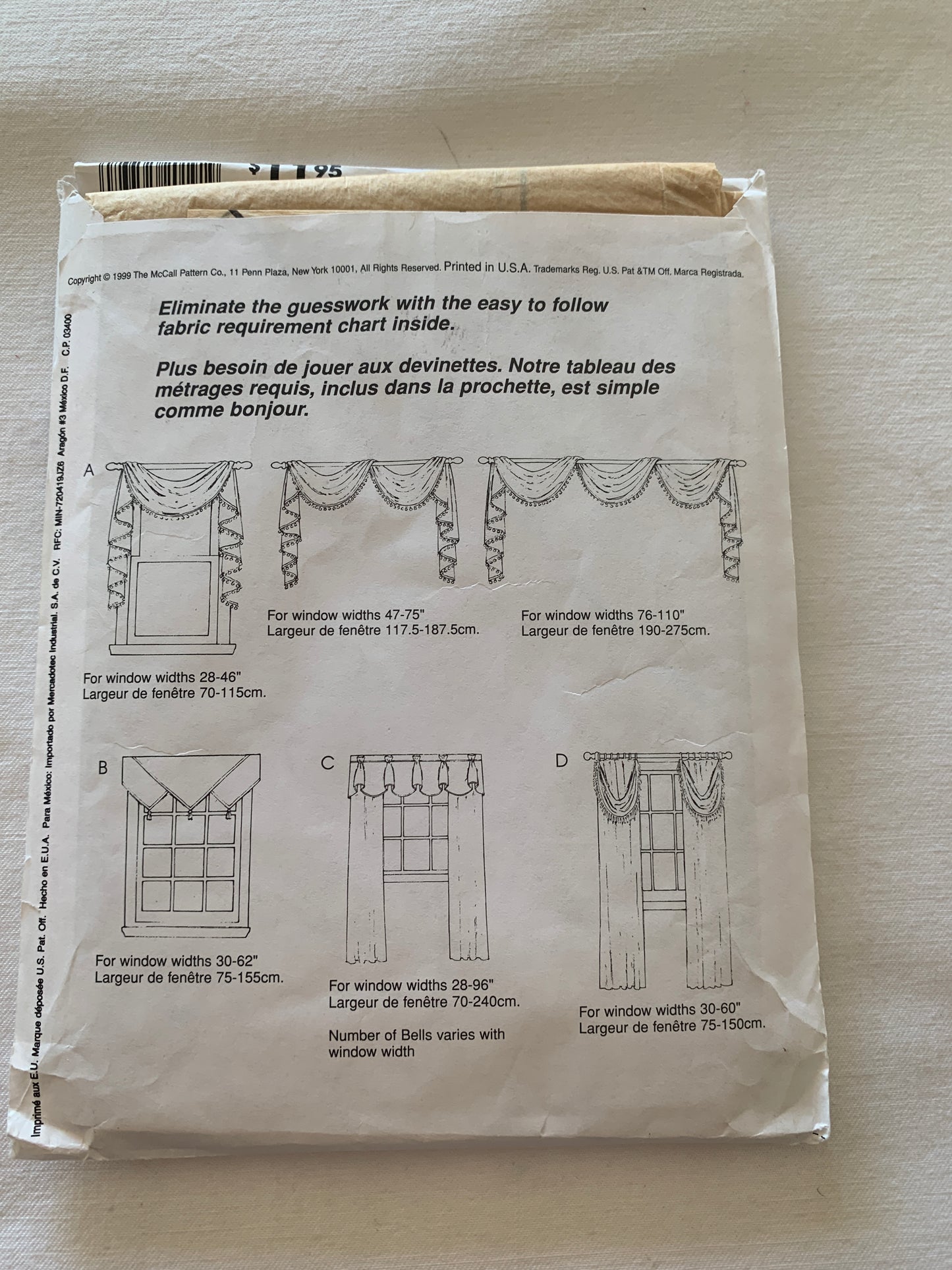 McCall's Home Decorating Sewing Pattern 2019 Window Coverings, Curtains, Swag, Drapes, Handkerchief Valance,4 Variations, Uncut, 2002 (Copy)