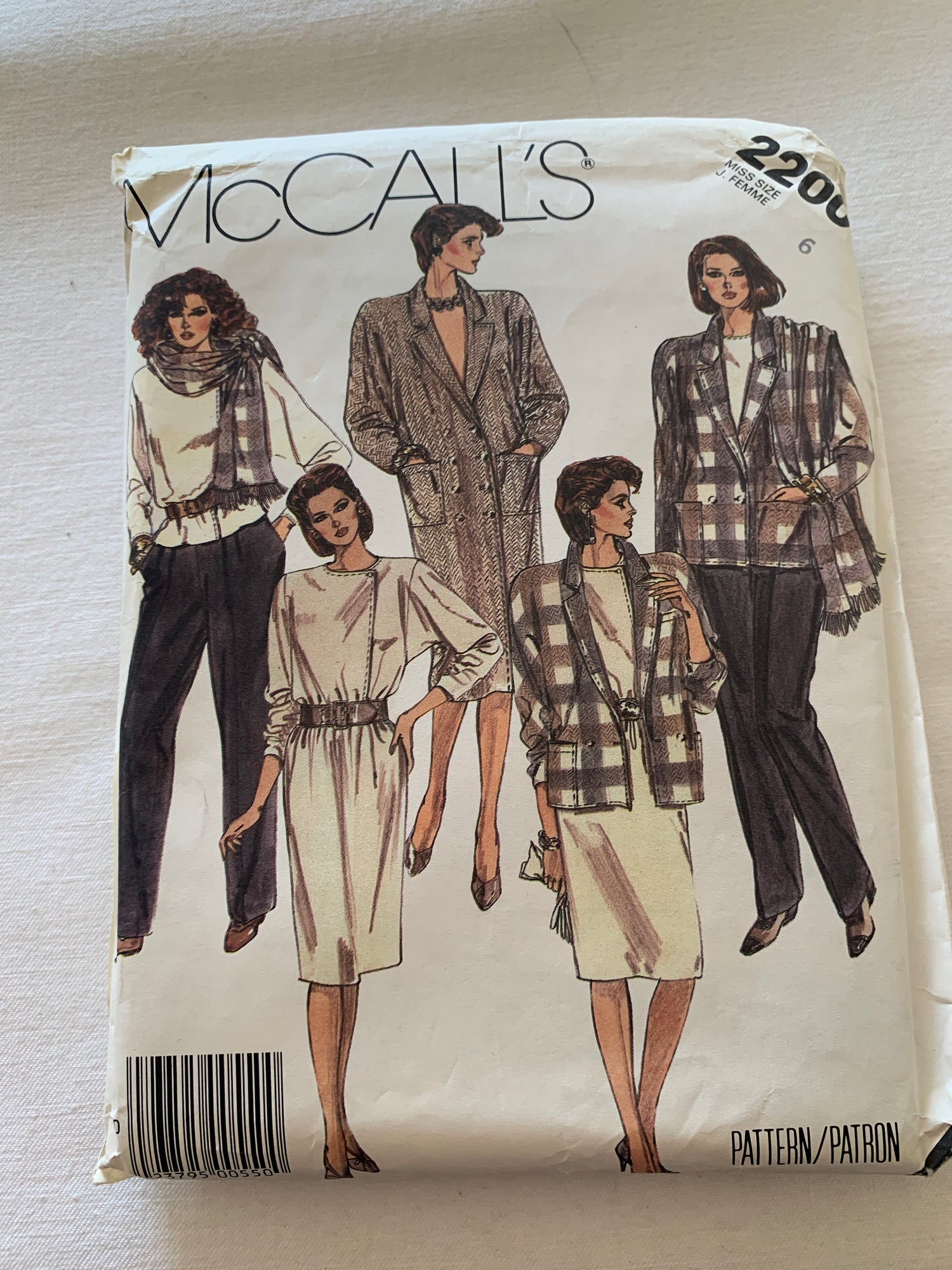 McCall's Sewing Pattern 2200 Misses' Coatdress, Jacket, Skirt, Blouse, Pants, Scarf, Size 6, Uncut, Vintage 1985