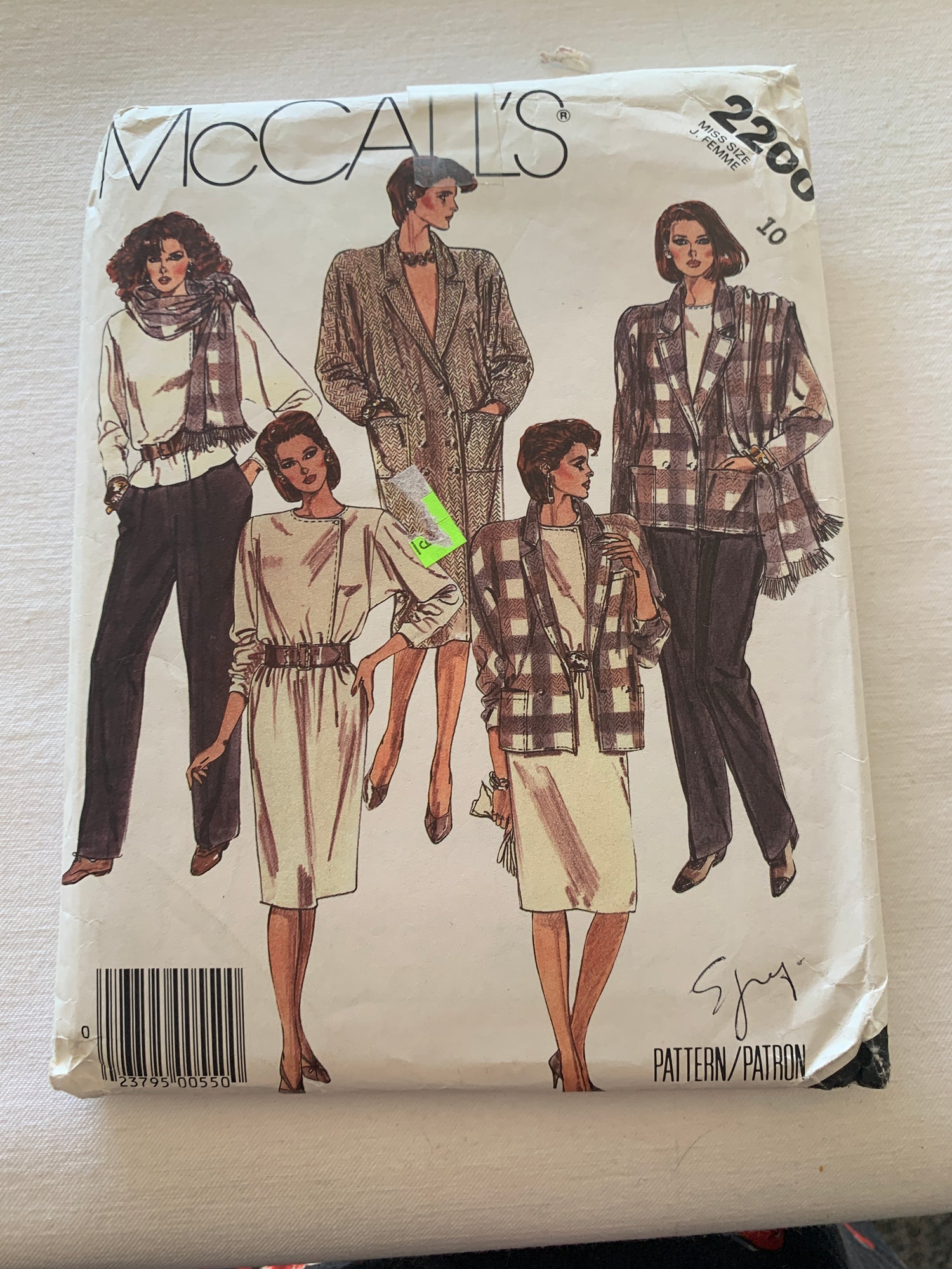 McCall's Sewing Pattern 2200 Misses' Coatdress, Jacket, Skirt, Blouse, Pants, Scarf, Size 10, Uncut, Vintage 1985