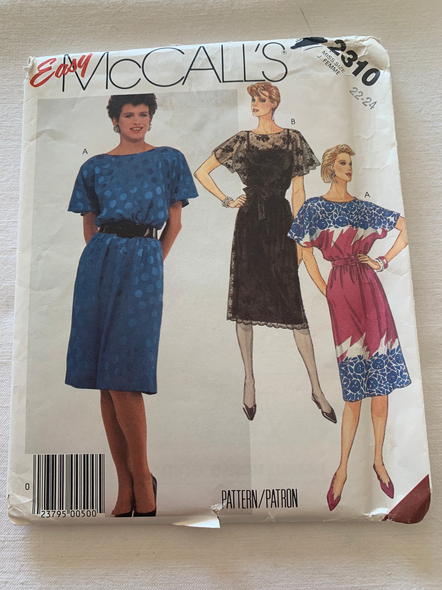 McCall's Sewing Pattern 2310 Misses' Dress, Slip, Pullover, Shoulder Pads, Pockets, Side Zipper, Size 22-24, Uncut, Vintage 1995