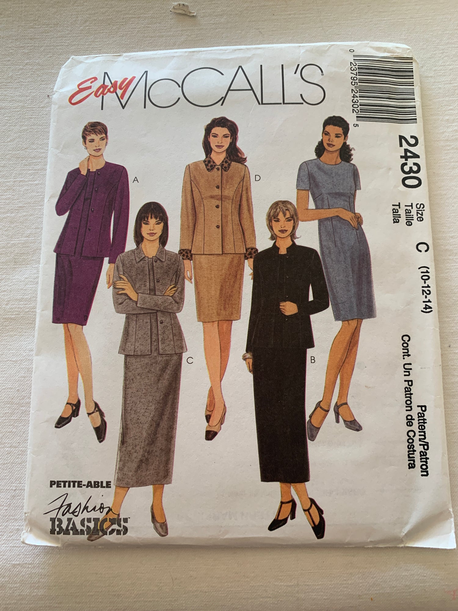 McCall's Sewing Pattern 2430 Misses' Unlined Jacket, Dress, Two Lengths, Semi-Fitted, Mandarin Collar, Zipper Back, Size 10-14, Uncut, Vintage 1999