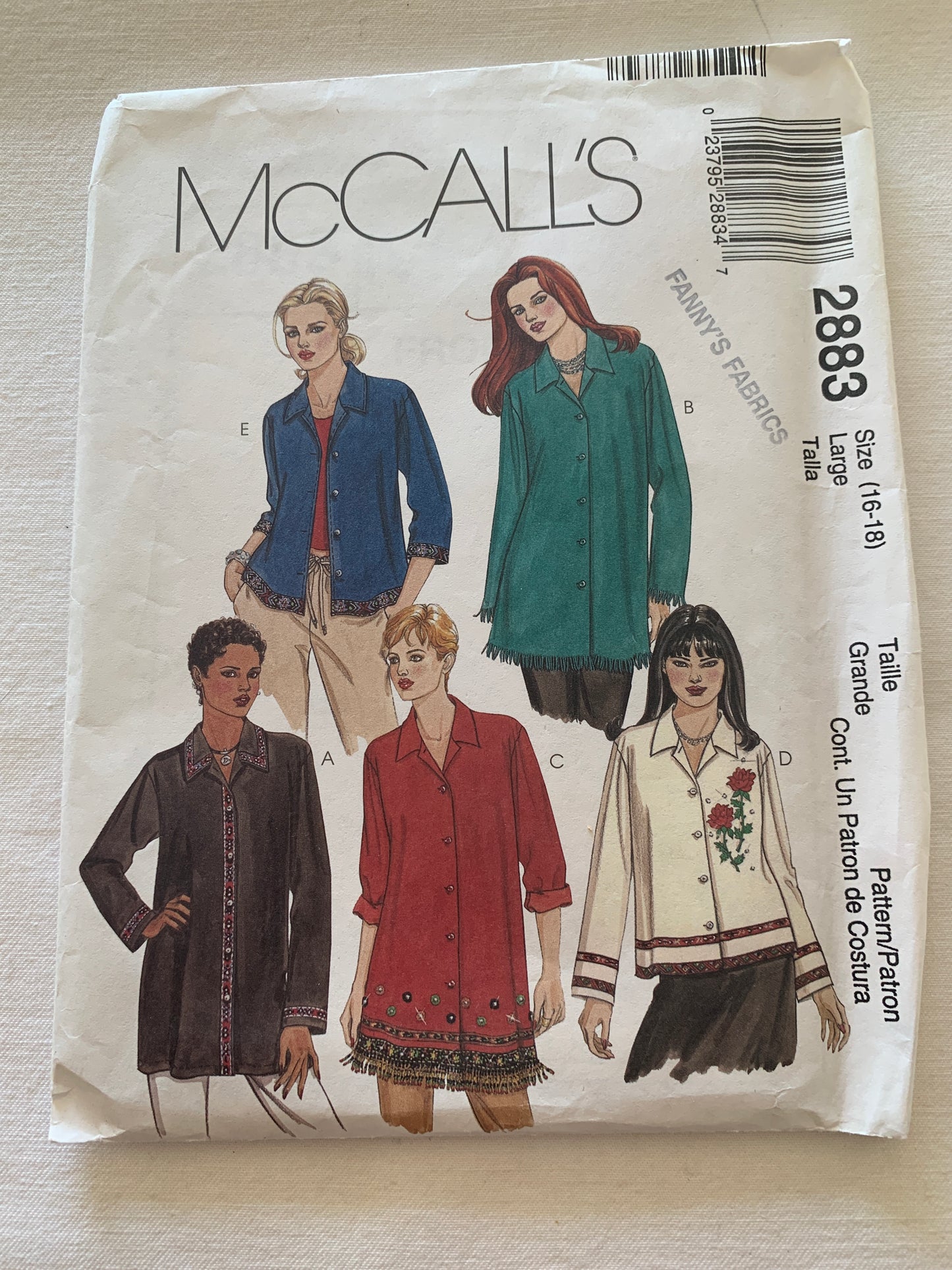 McCall's Sewing Pattern 2883 Misses'/Miss Petite Shirt Two Lengths, Button Front, Sleeve Variations, Size 16-18, Uncut, 2000