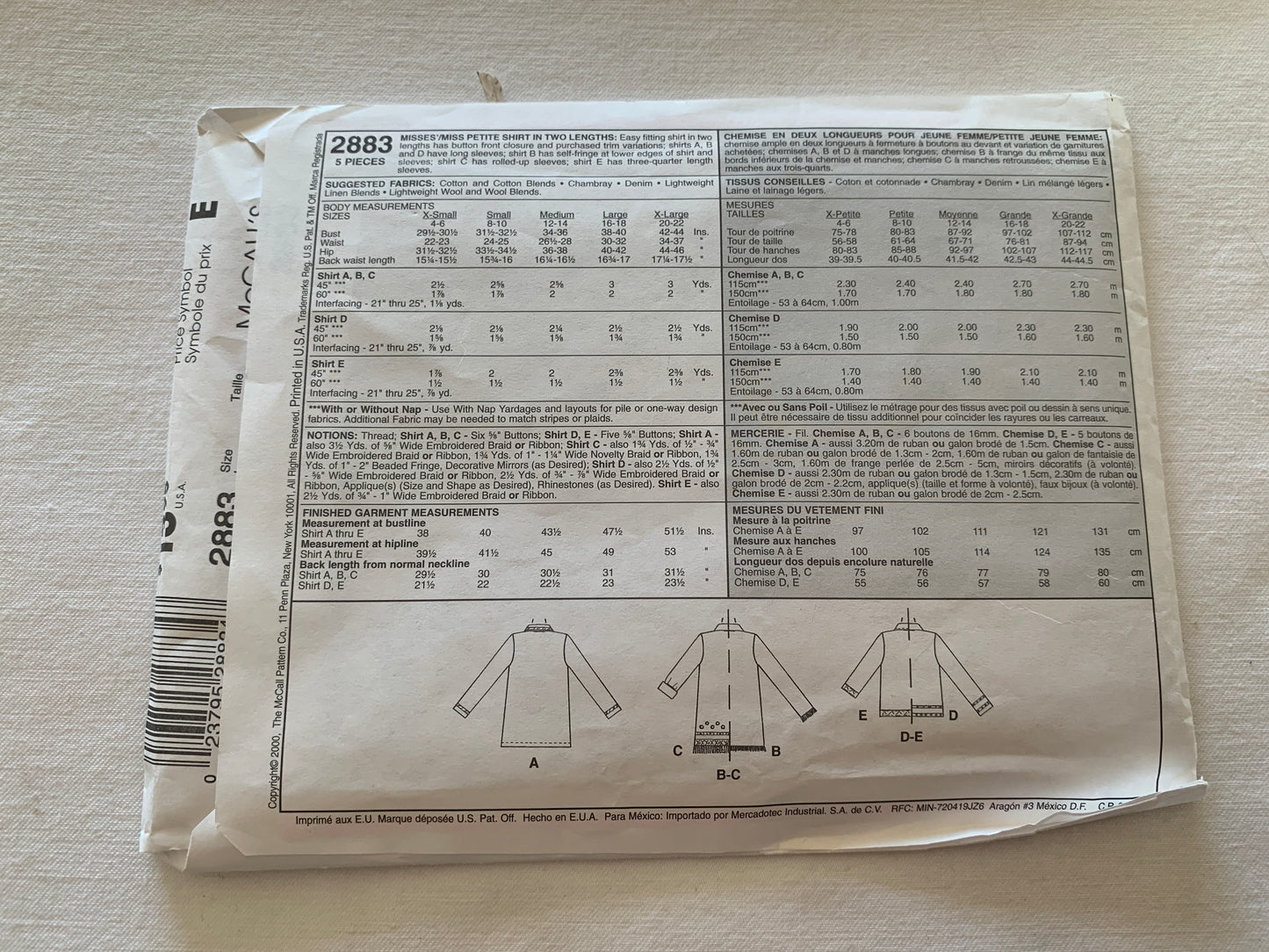McCall's Sewing Pattern 2883 Misses'/Miss Petite Shirt Two Lengths, Button Front, Sleeve Variations, Size 16-18, Uncut, 2000