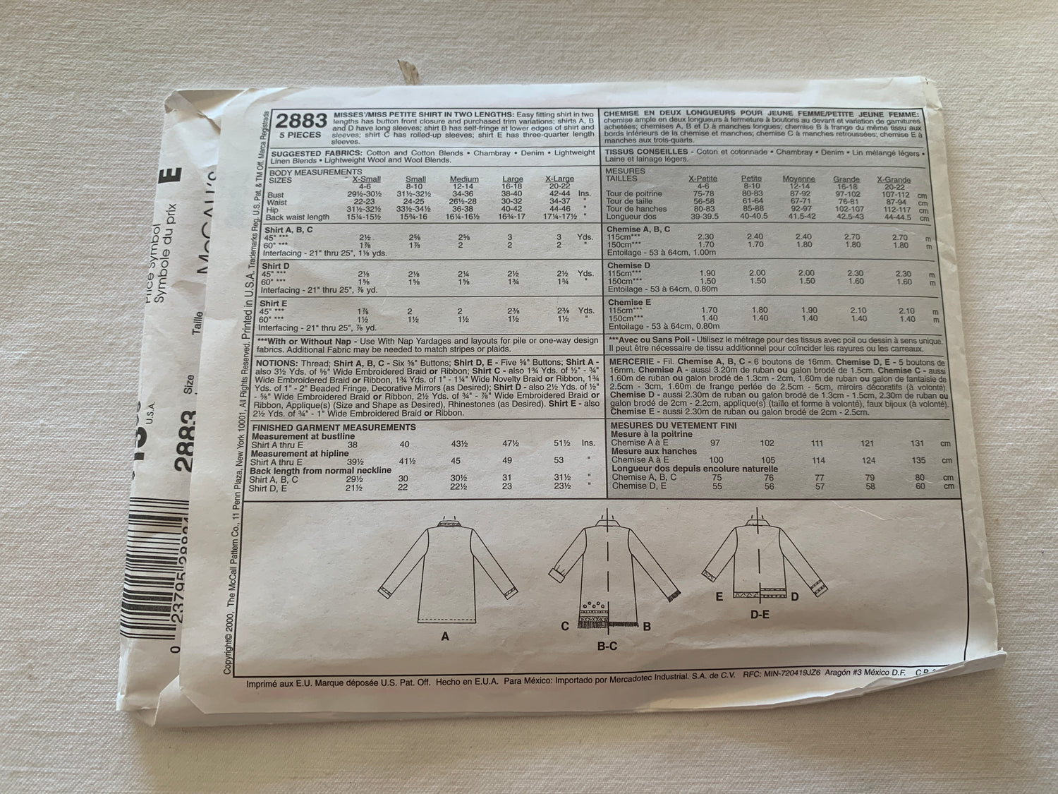 McCall's Sewing Pattern 2883 Misses'/Miss Petite Shirt Two Lengths, Button Front, Sleeve Variations, Size 16-18, Uncut, 2000