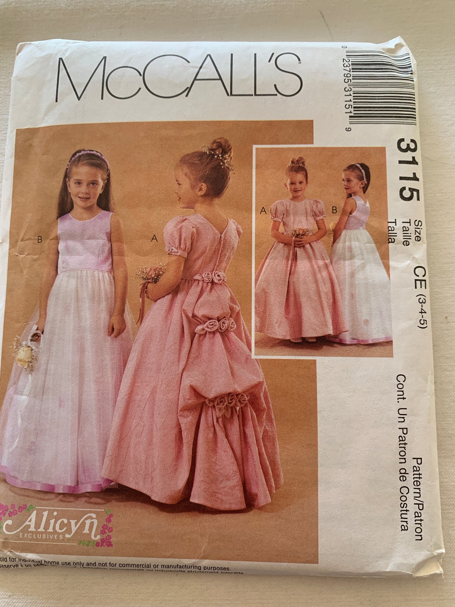 McCall's Sewing Patterns Alicyn 3115 Girls' Dress, Princess Seams, Short Sleeves, Zipper Back, Sleeveless, Zipper Back, Bow, Size 3-5, Ucut, 2001