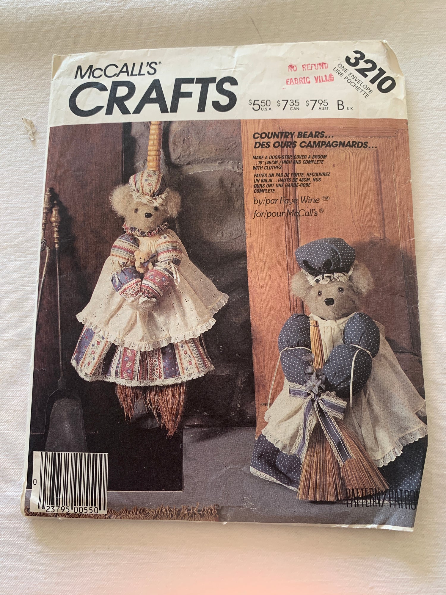 McCall's Sewing Pattern 3210 Crafts, 18" Bear Door Stopper, Bear Broom Cover, Uncut, Vintage 1987