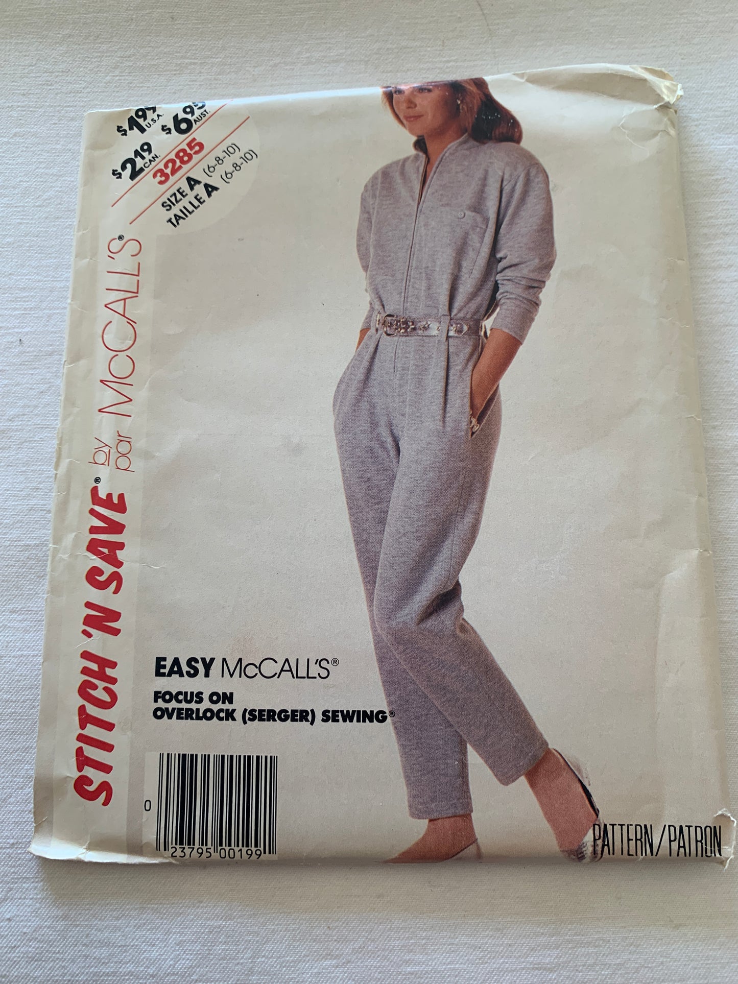 McCall's Sewing Pattern Stitch 'N Save 3285 Misses' Jumpsuit, Pockets, Shoulder Pads, Front Zipper, Stirrups, Size 6-10, Uncut, Vintage 1987