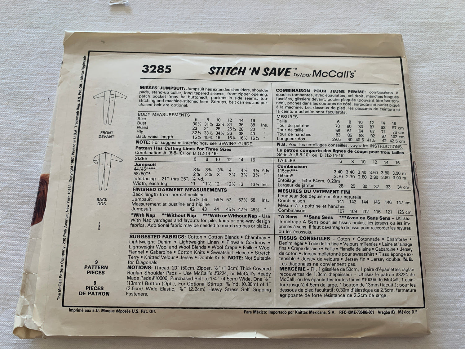 McCall's Sewing Pattern Stitch 'N Save 3285 Misses' Jumpsuit, Pockets, Shoulder Pads, Front Zipper, Stirrups, Size 6-10, Uncut, Vintage 1987