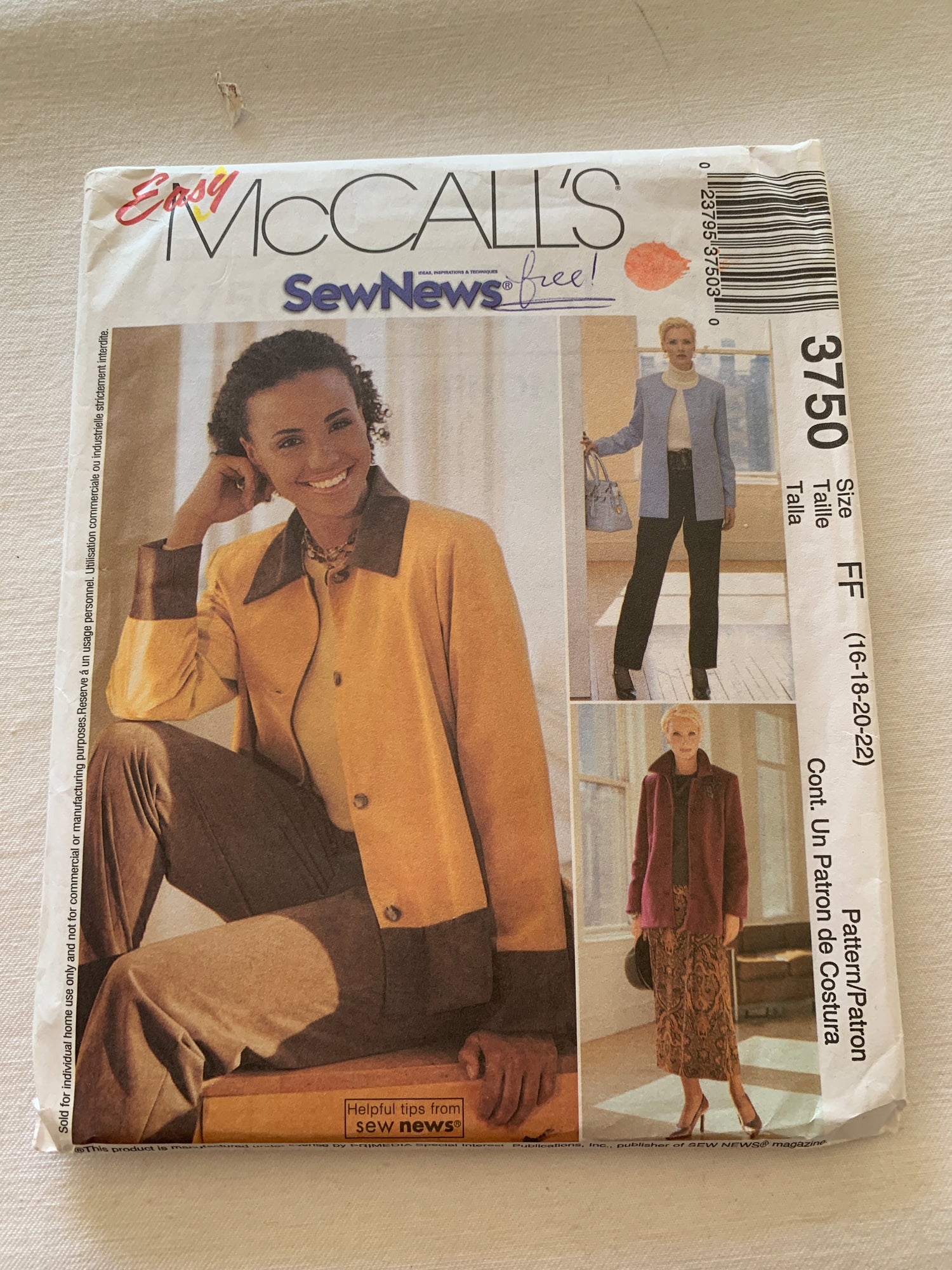McCall's Sewing Pattern 3750 Misses' Unlined Jacket, Two Lengths, Skirt, Pants, Pull-On, Zipper Front, Size 16-22, Uncut, 2002 