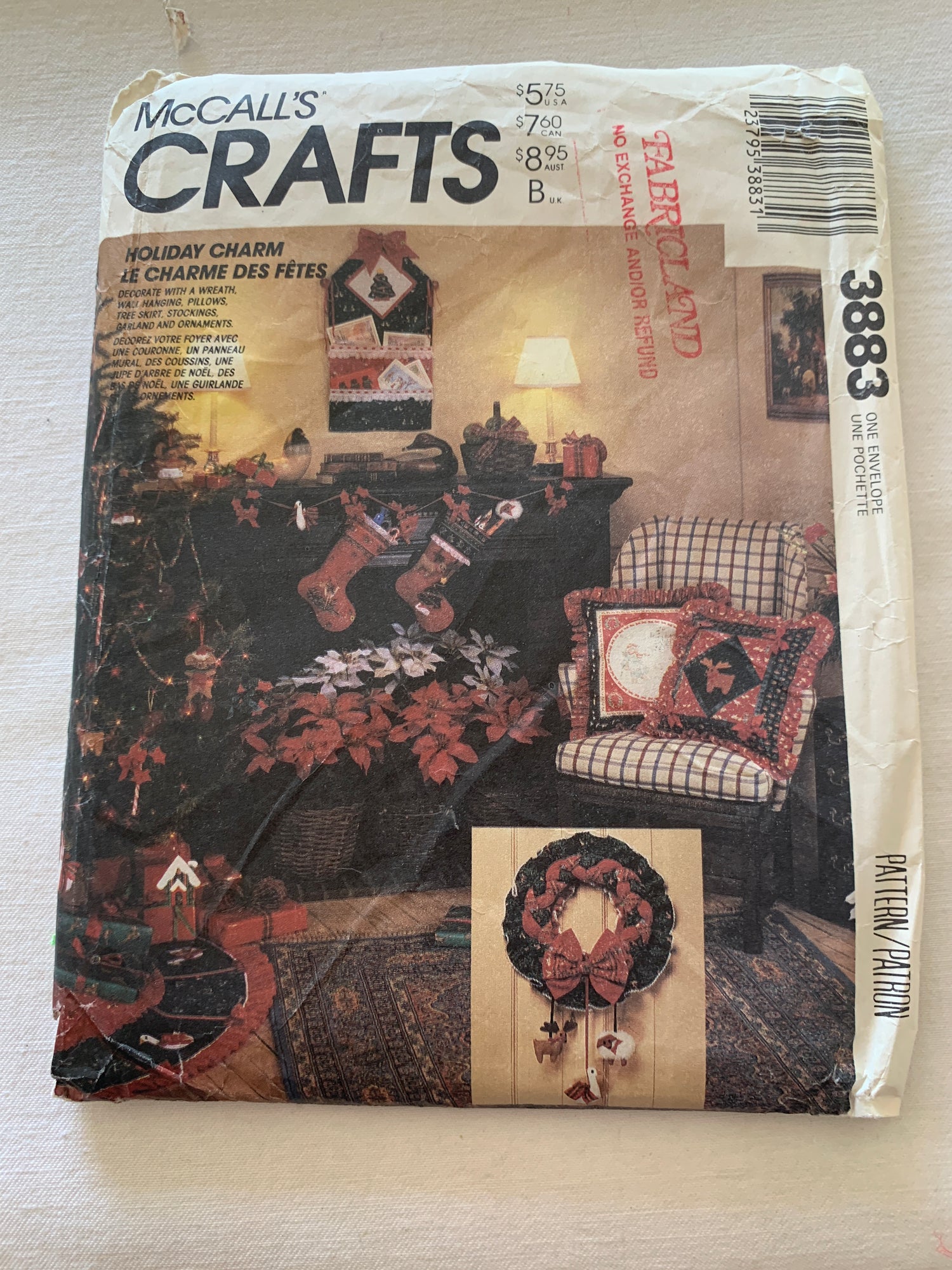 McCall's Sewing Pattern 3883 Crafts, Christmas Ornaments, Stockings, Card Holder, Pillows, Ornaments, Wreath, Uncut, Vintage 1986