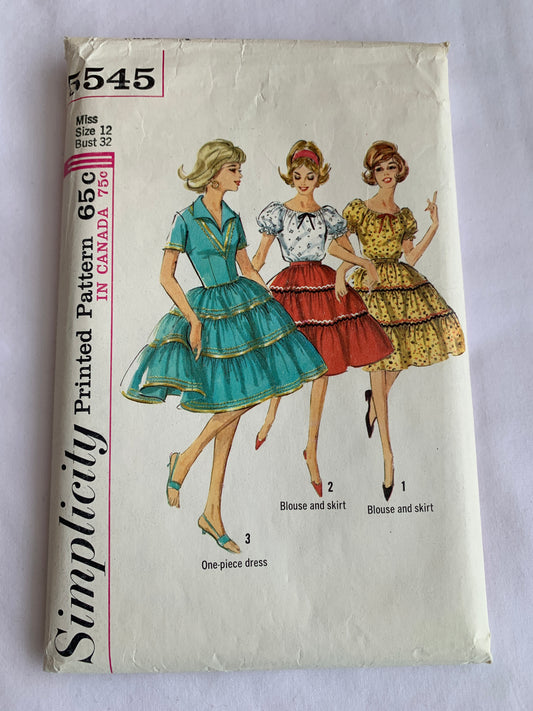 Simplicity Sewing Pattern 5545 Misses' One-Piece Dress, Blouse, Skirt, Collar, Short Sleeves, Side Zipper, Size 12, Cut, Vintage 1964