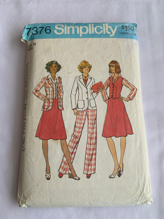 Simplicity Sewing Pattern 7376 Misses' Unlined Jacket, Vest, Skirt, Pants, Zipper Back, Princess Seams, Size 16, Cut, 1976