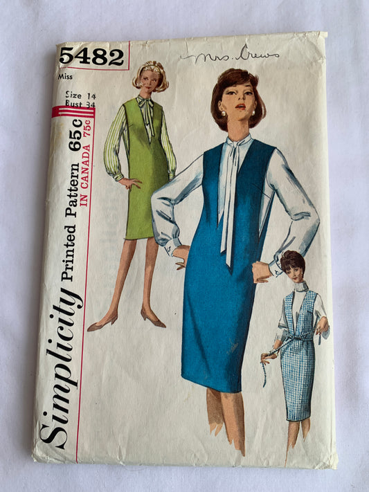 Simplicity Sewing Pattern 5482 Misses' Dress, Jumper, Blouse, Ties, Long Sleeves, Sleeveless, Size 14, Cut, Vintage 1964
